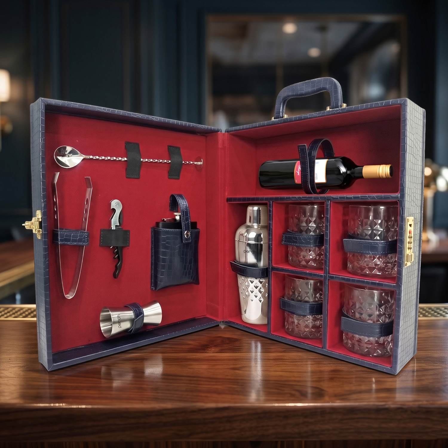 11-Piece Crocodile Print Leatherette Suitcase Bar Set with Belly Cocktail Shaker & 4 Whisky Glasses – Silver