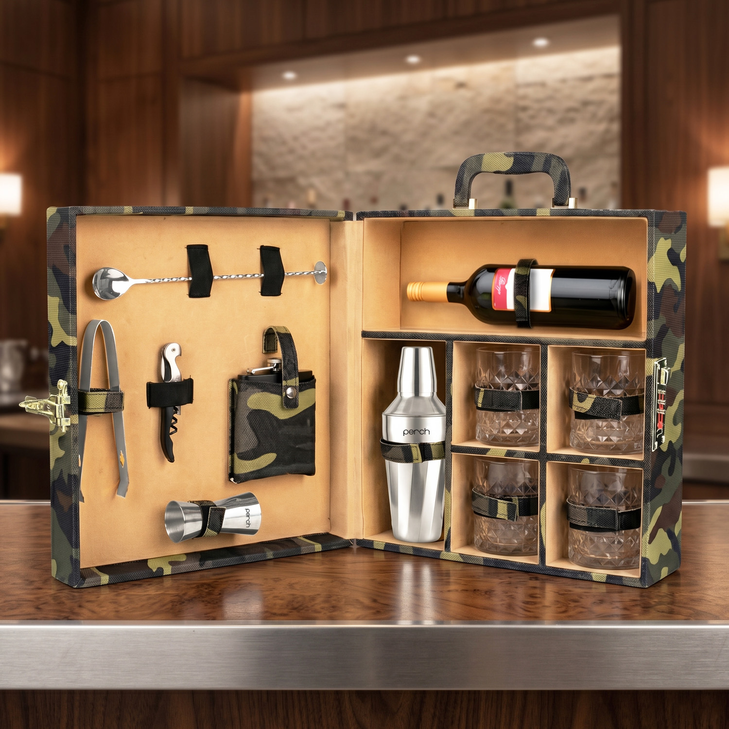 11-Piece Army Print Leatherette Suitcase Bar Set with Twist Cocktail Shaker & 4 Whisky Glasses – Silver