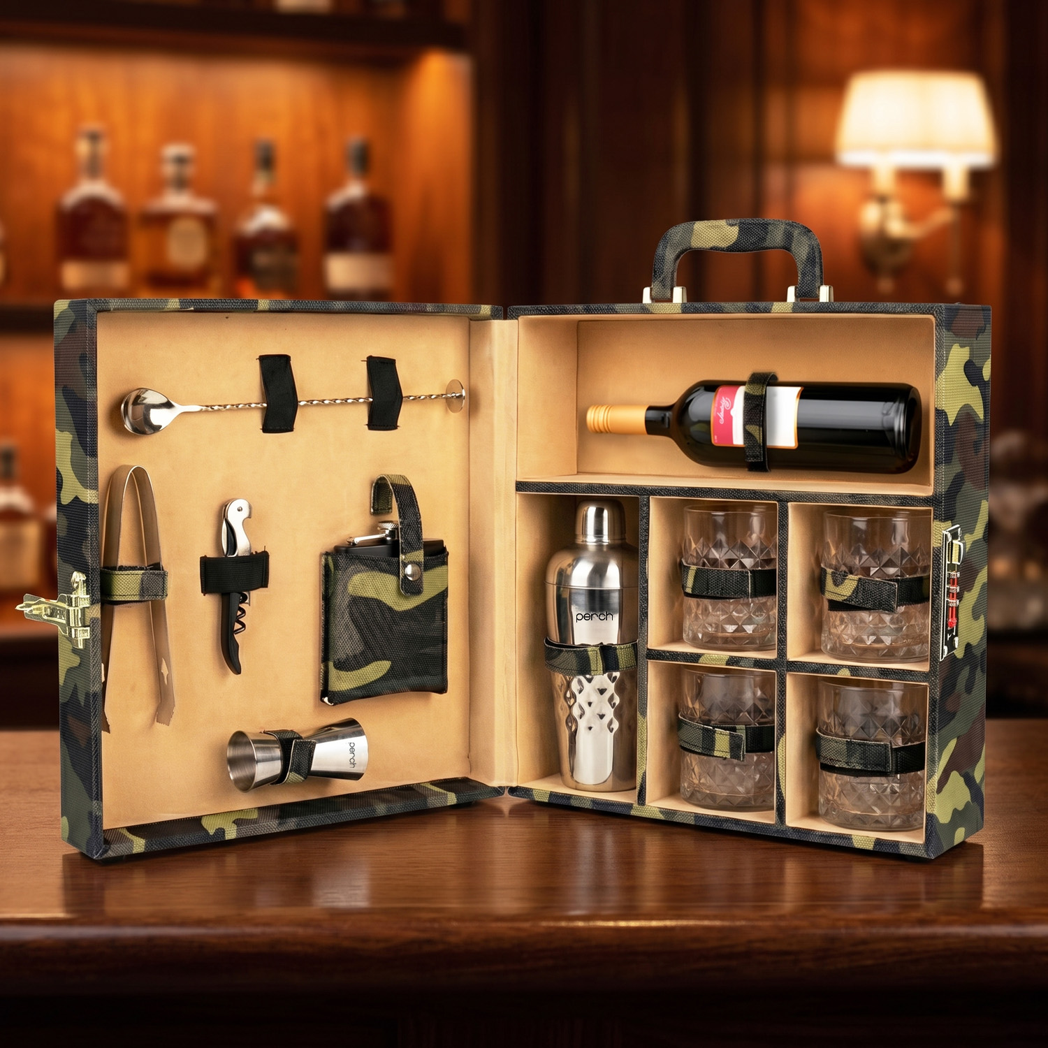 11-Piece Army Print Leatherette Suitcase Bar Set with Cocktail Shaker & 4 Whisky Glasses – Silver
