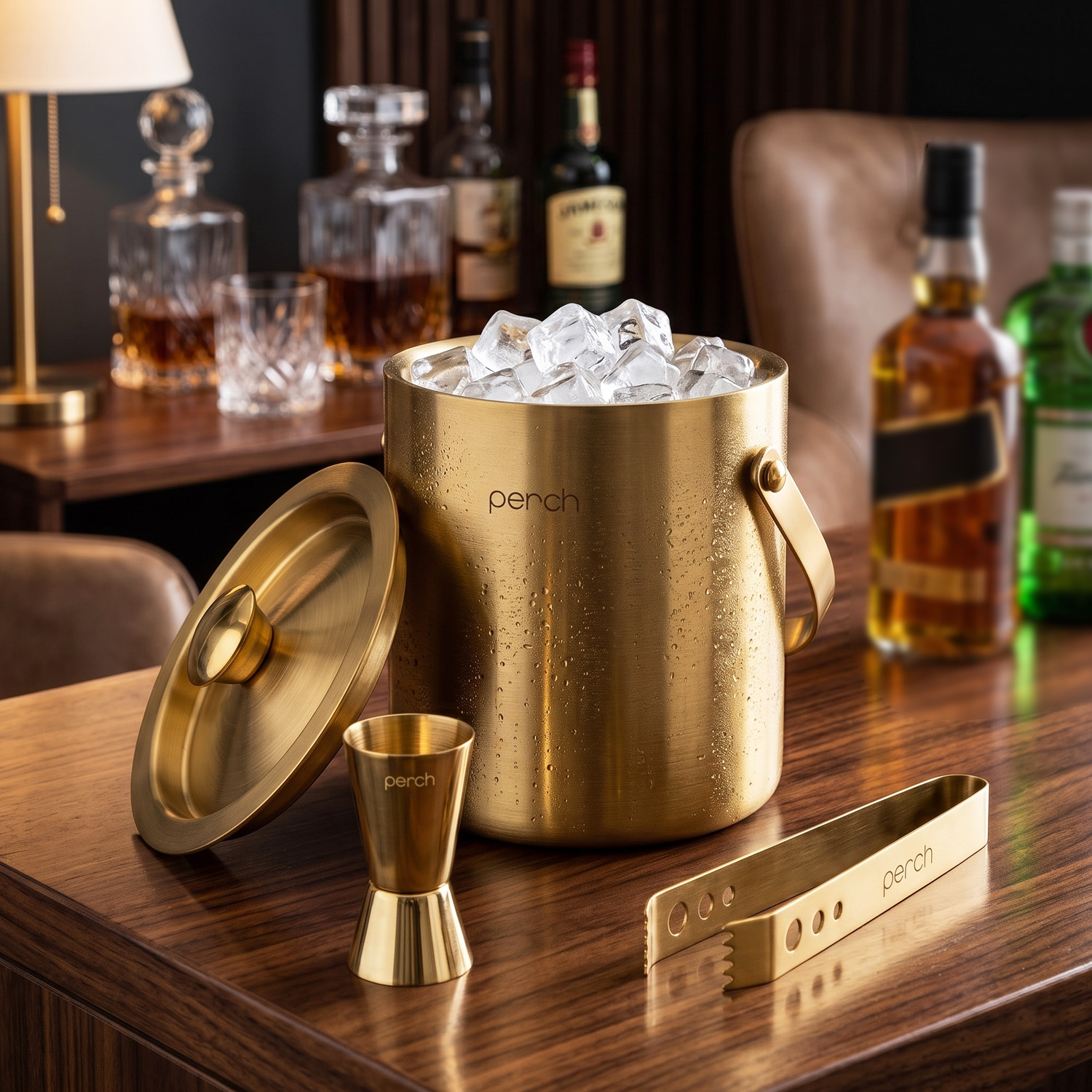 Gold Stainless Steel Ice Bucket Set with Lid, Handle, Ice Tong & Jigger – 1.5L