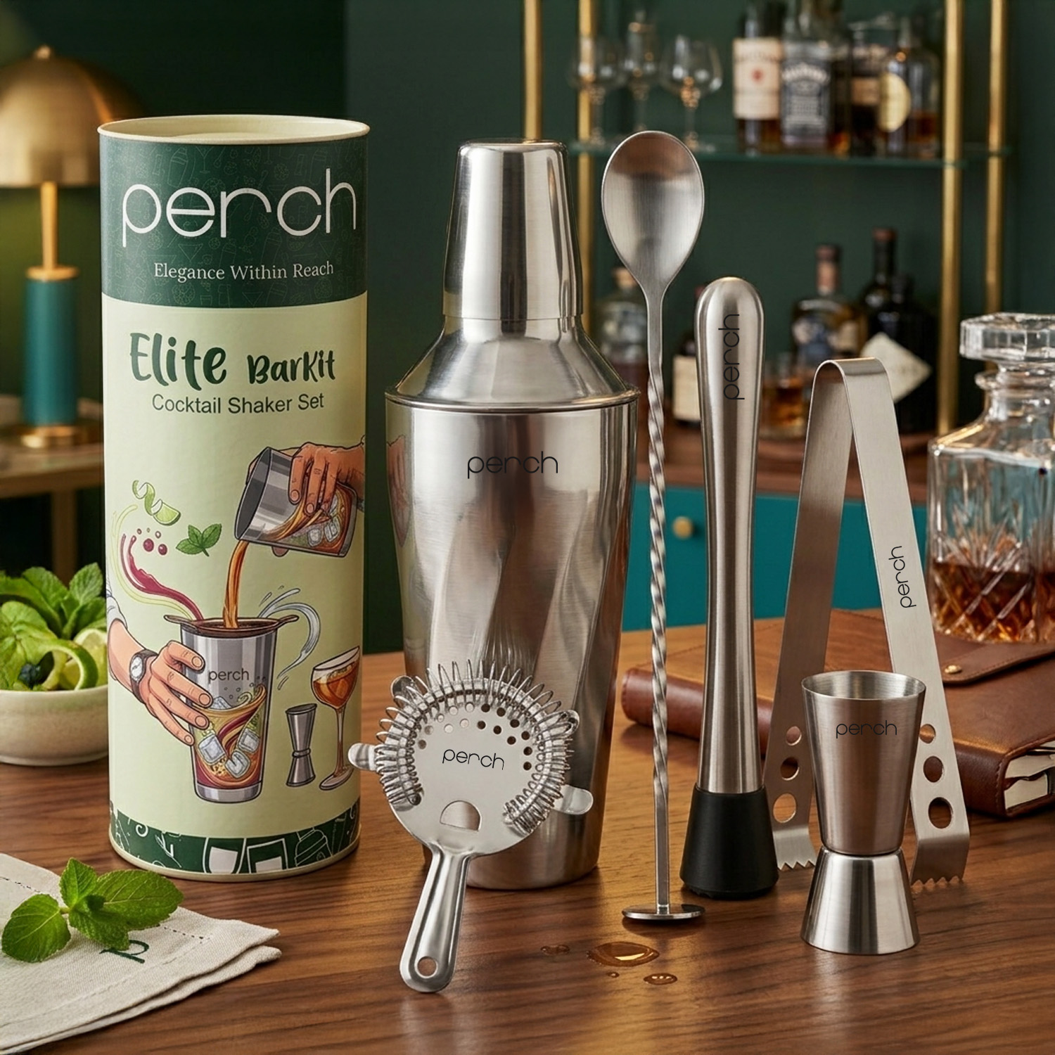 Elite 6-Piece Stainless Steel Bartender Kit | Twist Cocktail Shaker Set with Bar Tools -Silver