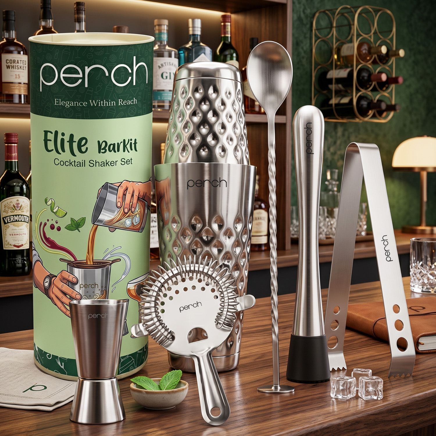 Elite 6-Piece Stainless Steel Bartender Kit | Boston Cocktail Shaker Set with Bar Tools -Silver