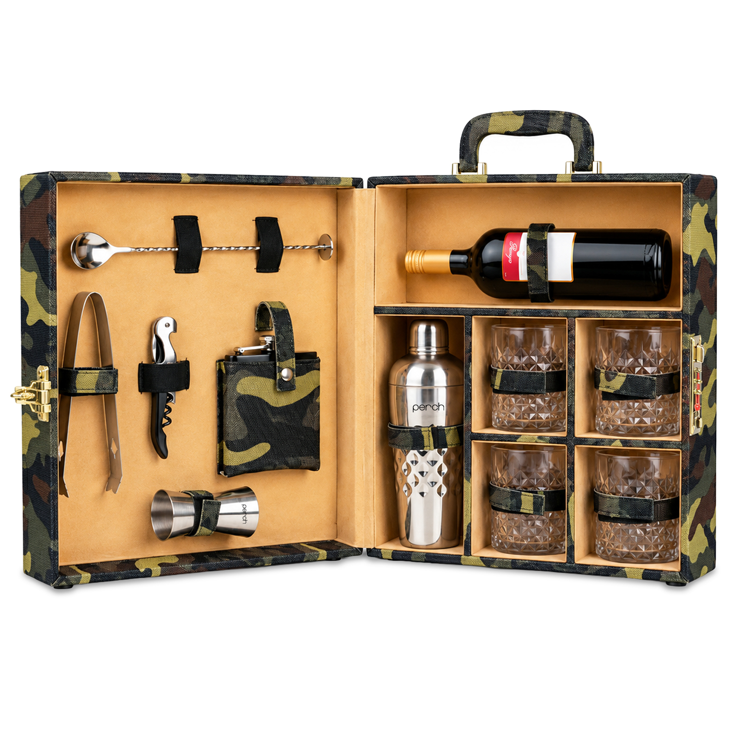 11-Piece Army Print Leatherette Suitcase Bar Set with Cocktail Shaker & 4 Whisky Glasses – Silver