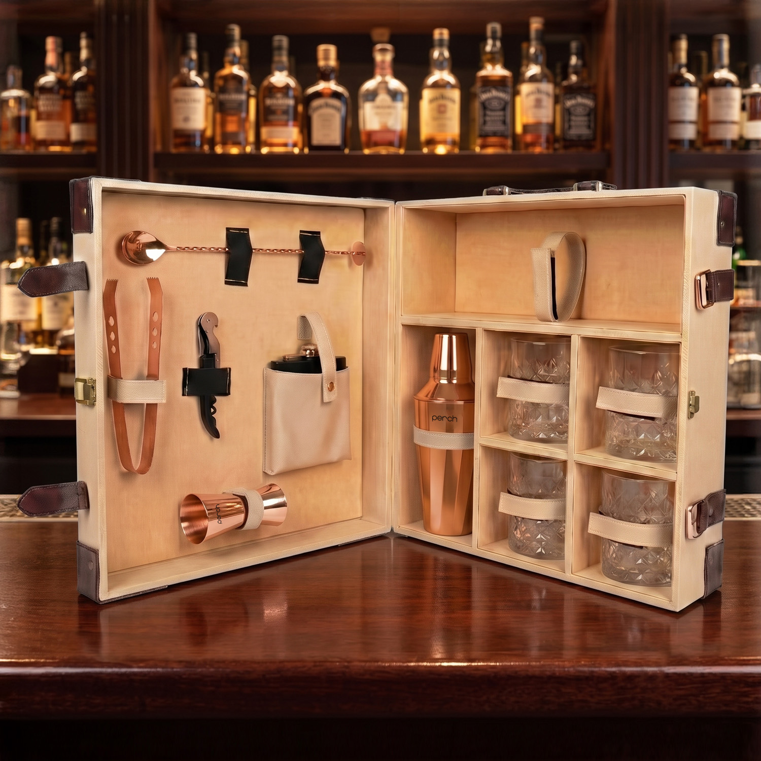 11-Piece Brown Leatherette Suitcase Bar Set with Cocktail Shaker & 4 Whisky Glasses – Rose Gold