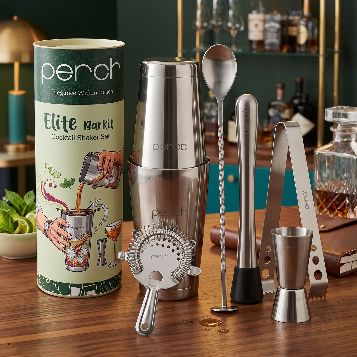 Elite 6-Piece Stainless Steel Bartender Kit | Boston Cocktail Shaker Set with Bar Tools -Silver