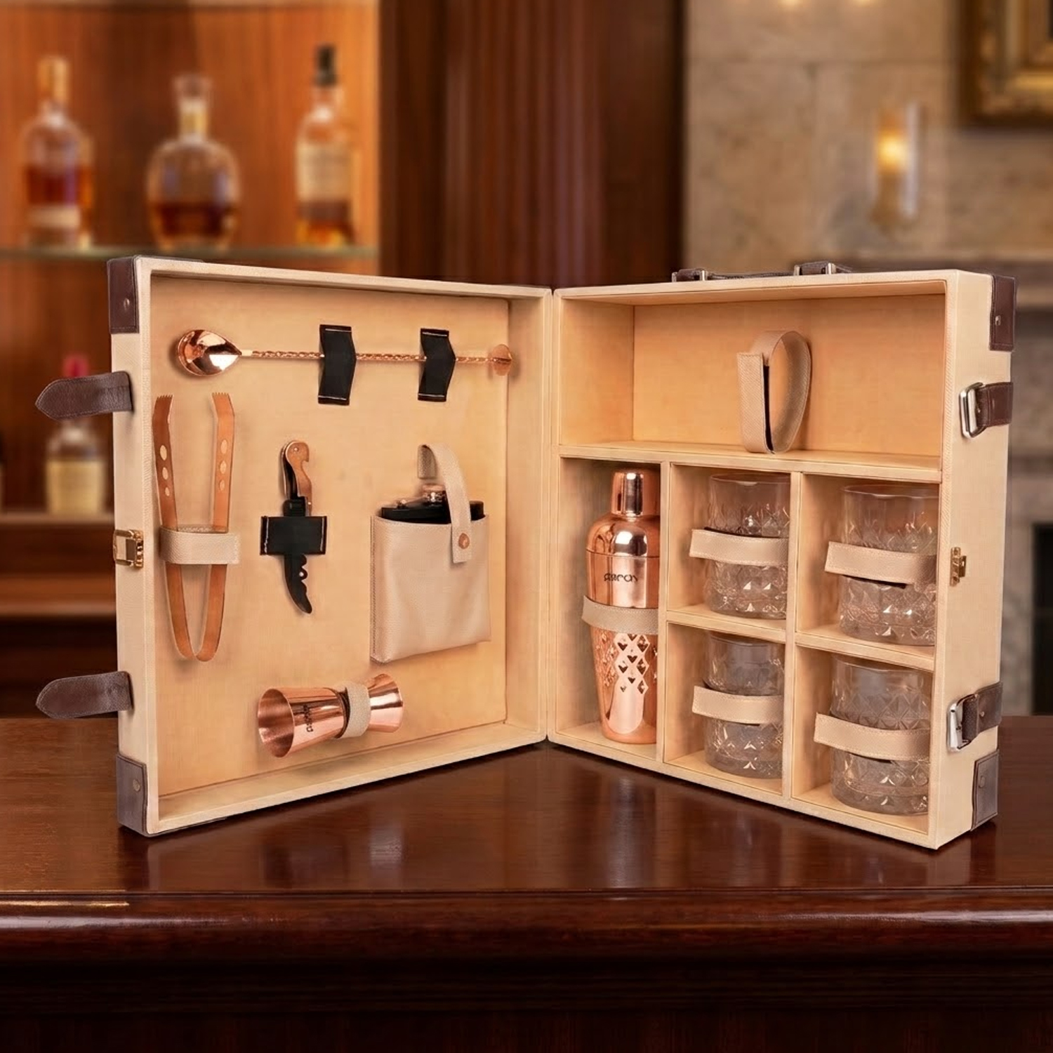 11-Piece Brown Leatherette Suitcase Bar Set with Belly Cocktail Shaker & 4 Whisky Glasses – Rose Gold