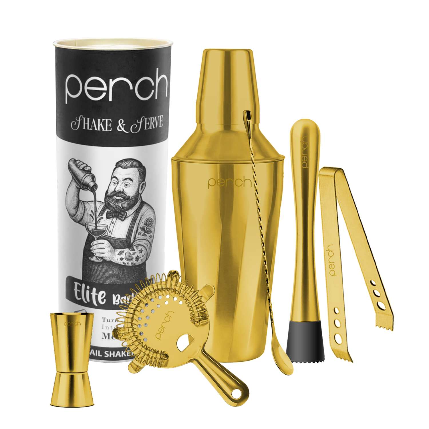 Elite 6-Piece Stainless Steel Bartender Kit | Twist Cocktail Shaker Set with Bar Tools - Golden