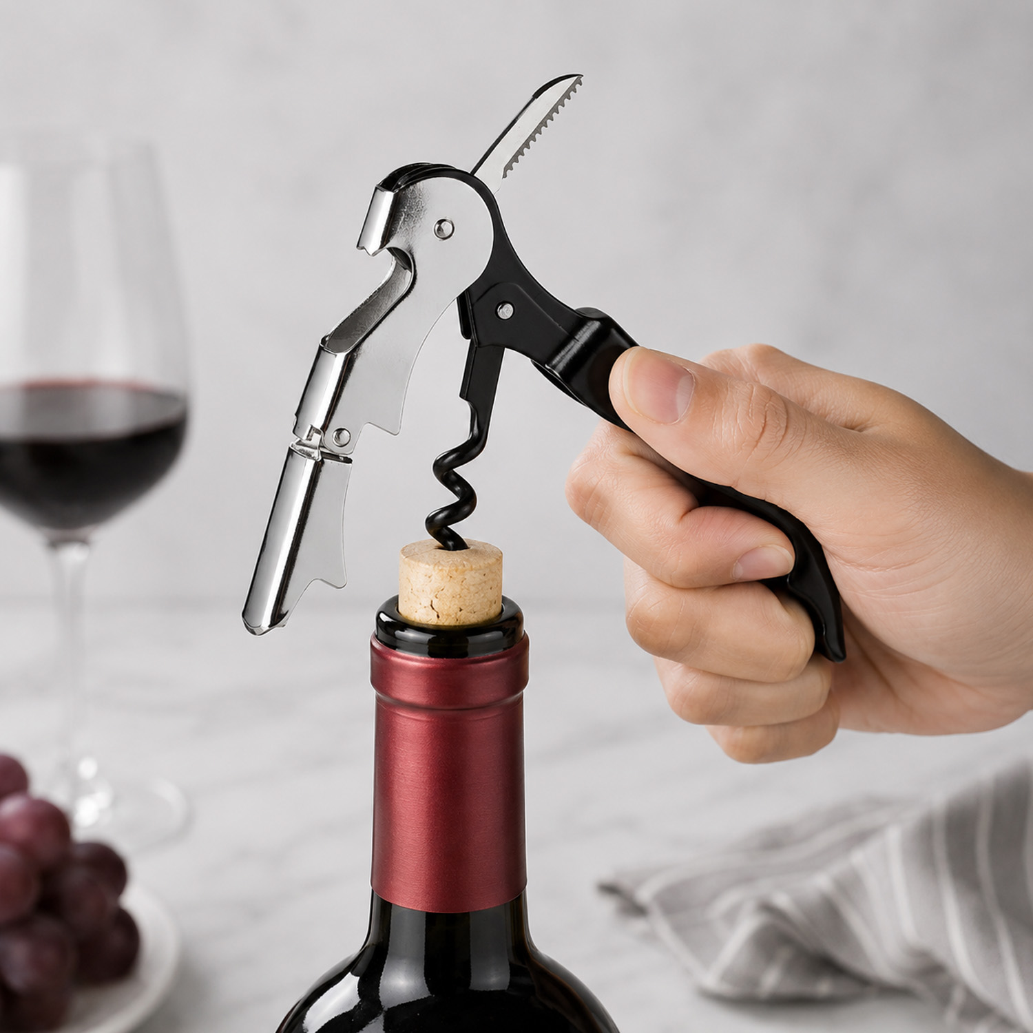 Corkscrew for Easy Wine Bottle Opening – Manual Wine Opener for Home Bar & Kitchen – Silver