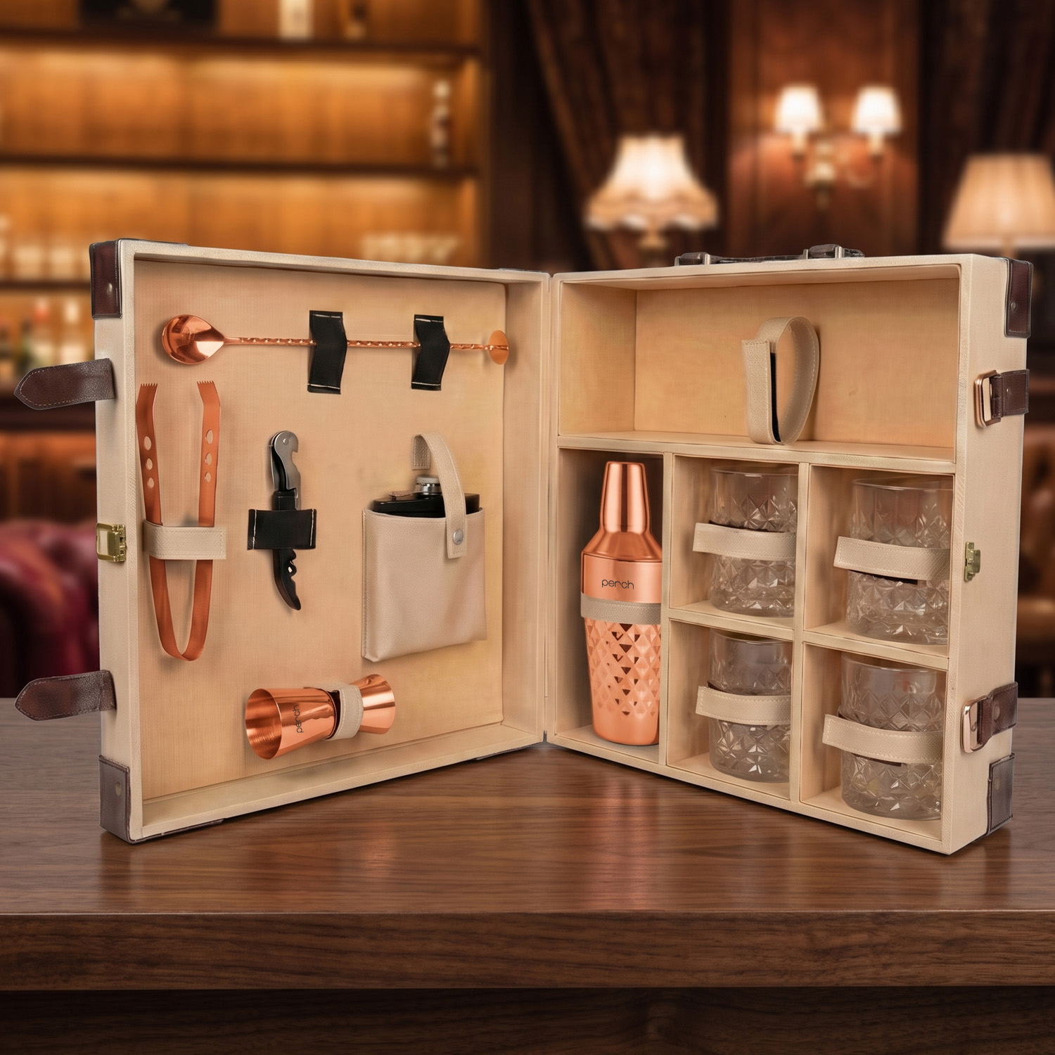 11-Piece Brown Leatherette Suitcase Bar Set with Diamond Cocktail Shaker & 4 Whisky Glasses – Rose Gold
