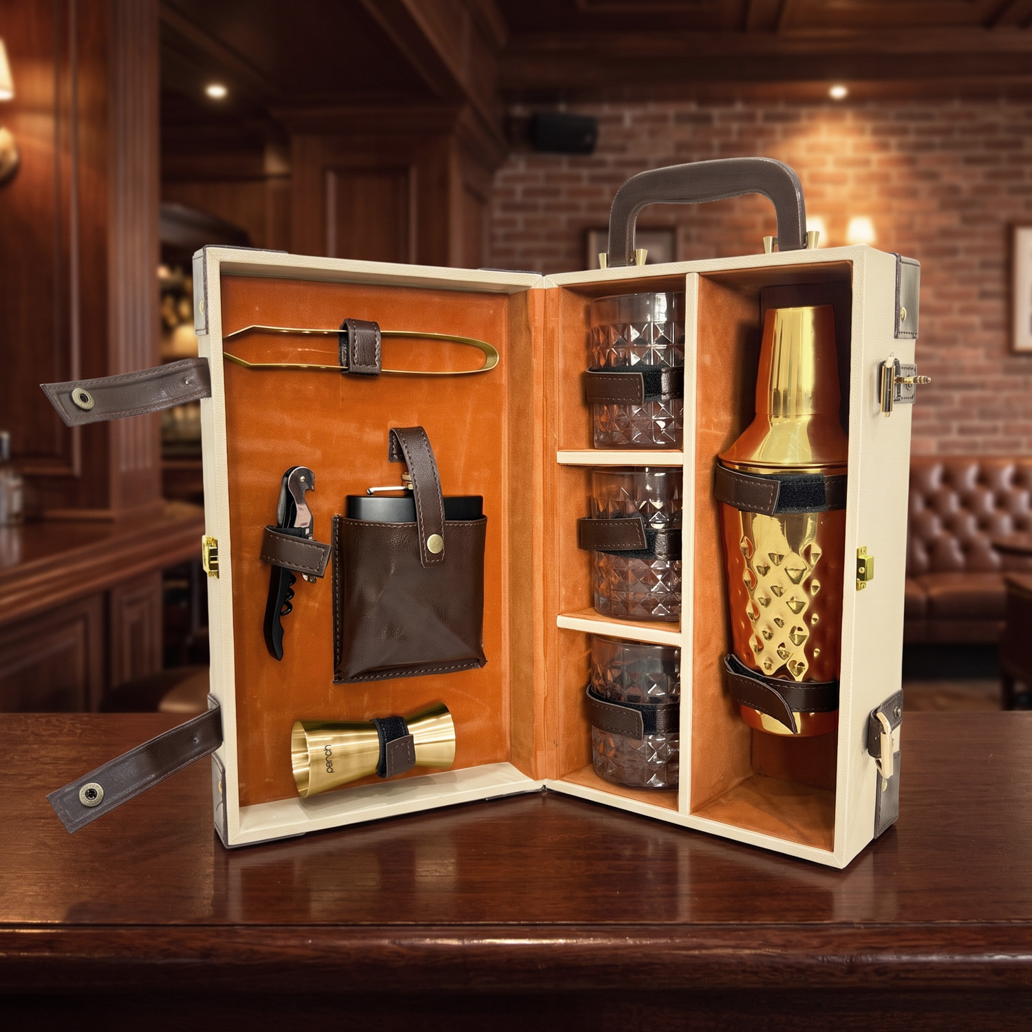 9-Piece Brown Leatherette Suitcase Bar Set with Cocktail Shaker & 3 Whisky Glasses – Golden