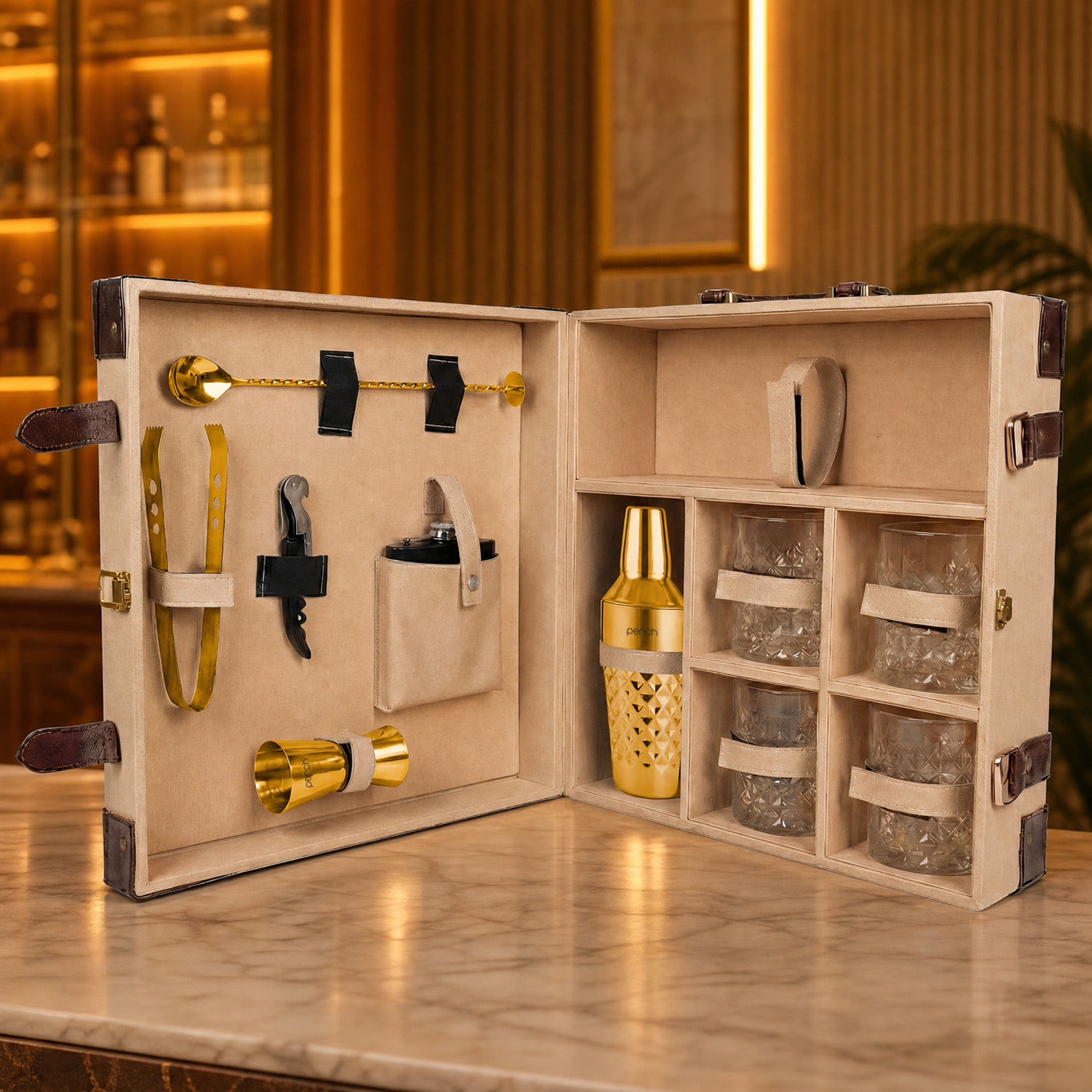 11-Piece Brown Leatherette Suitcase Bar Set with Diamond Cocktail Shaker & 4 Whisky Glasses – Golden