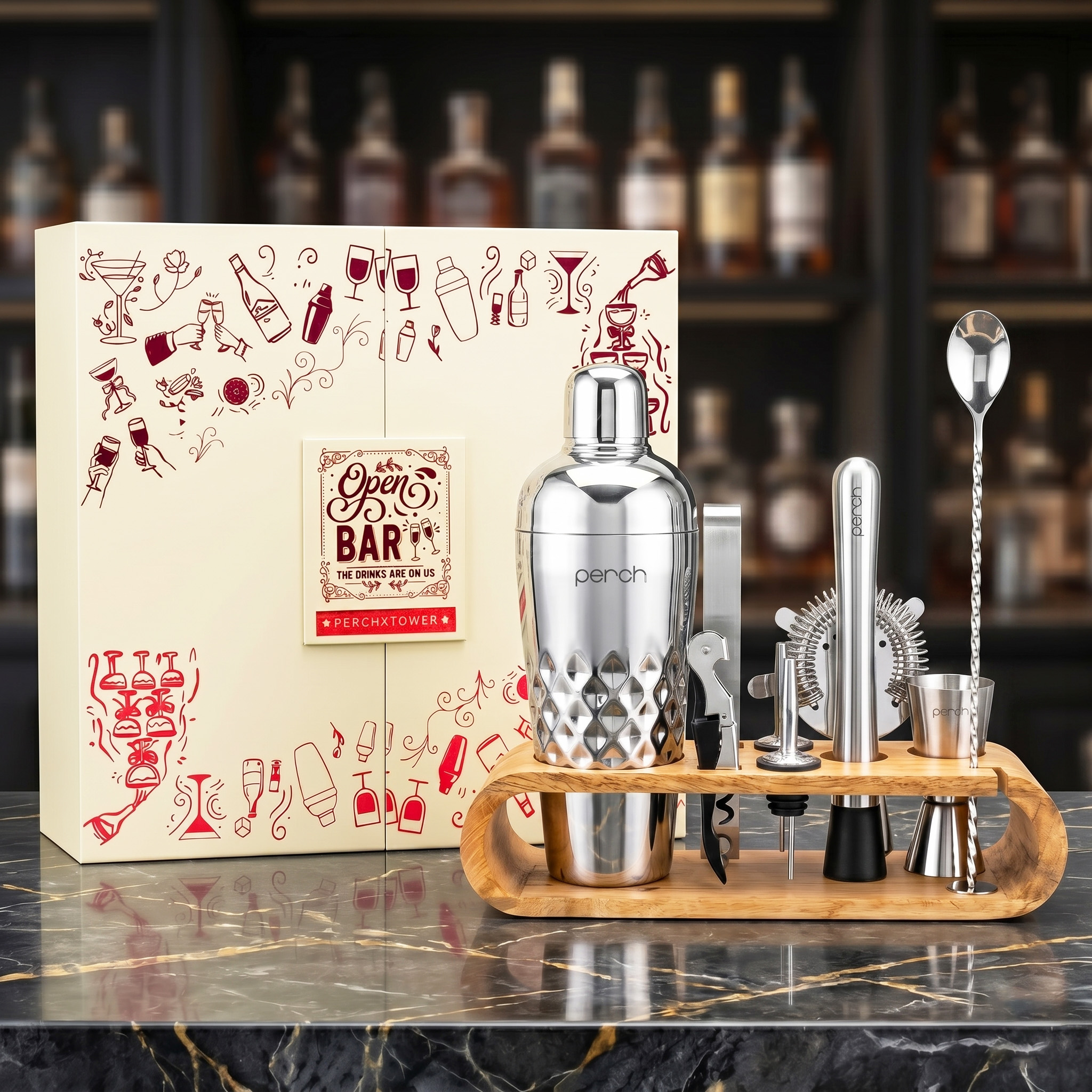 O' Holic 10-Piece Cocktail Shaker Gift Set with Mango Wooden Stand | Stainless Steel Bartender Kit | Silver