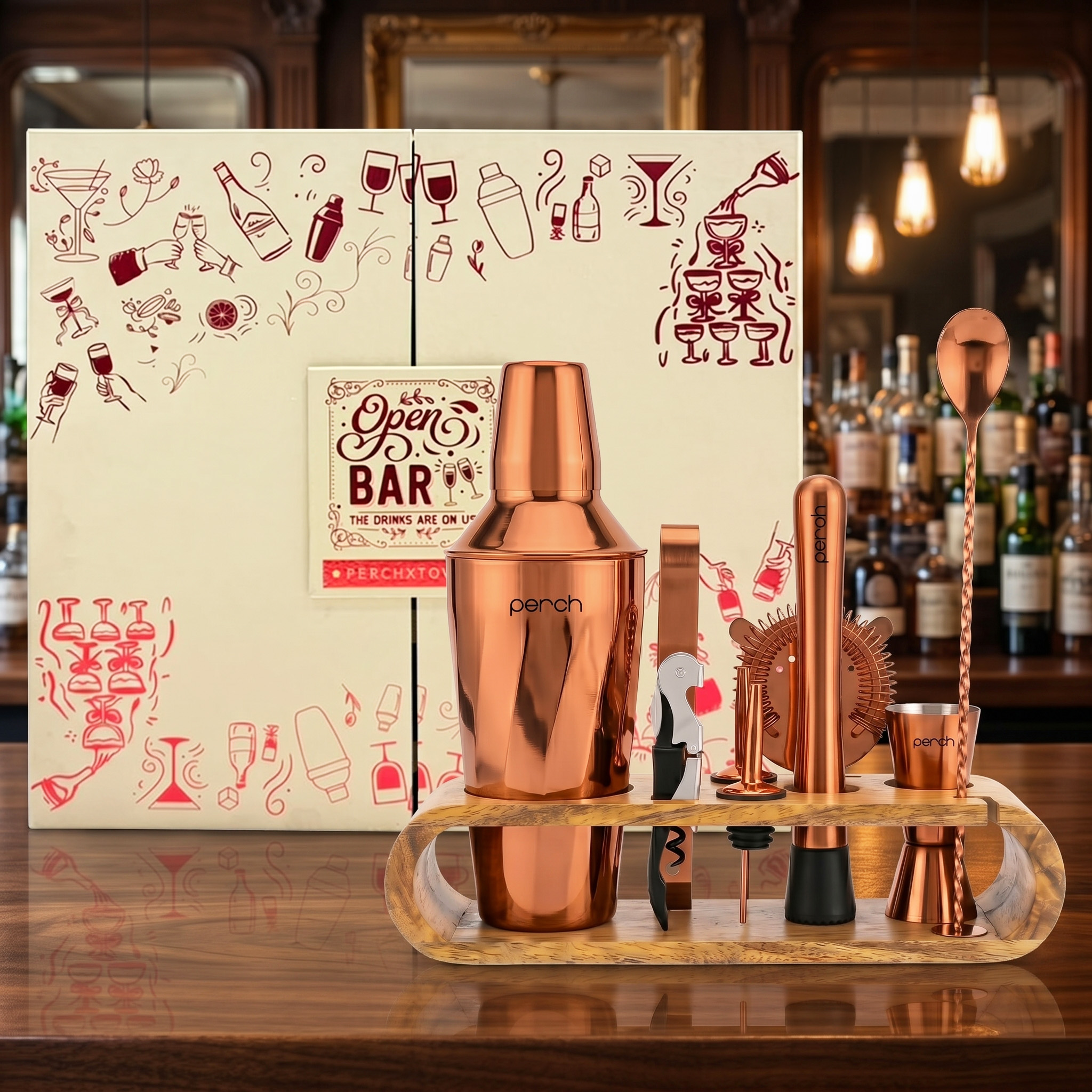 O' Holic Twist Cocktail Shaker Gift Set | 10-Piece Bartender Kit with Mango Wooden Stand | Rose Gold