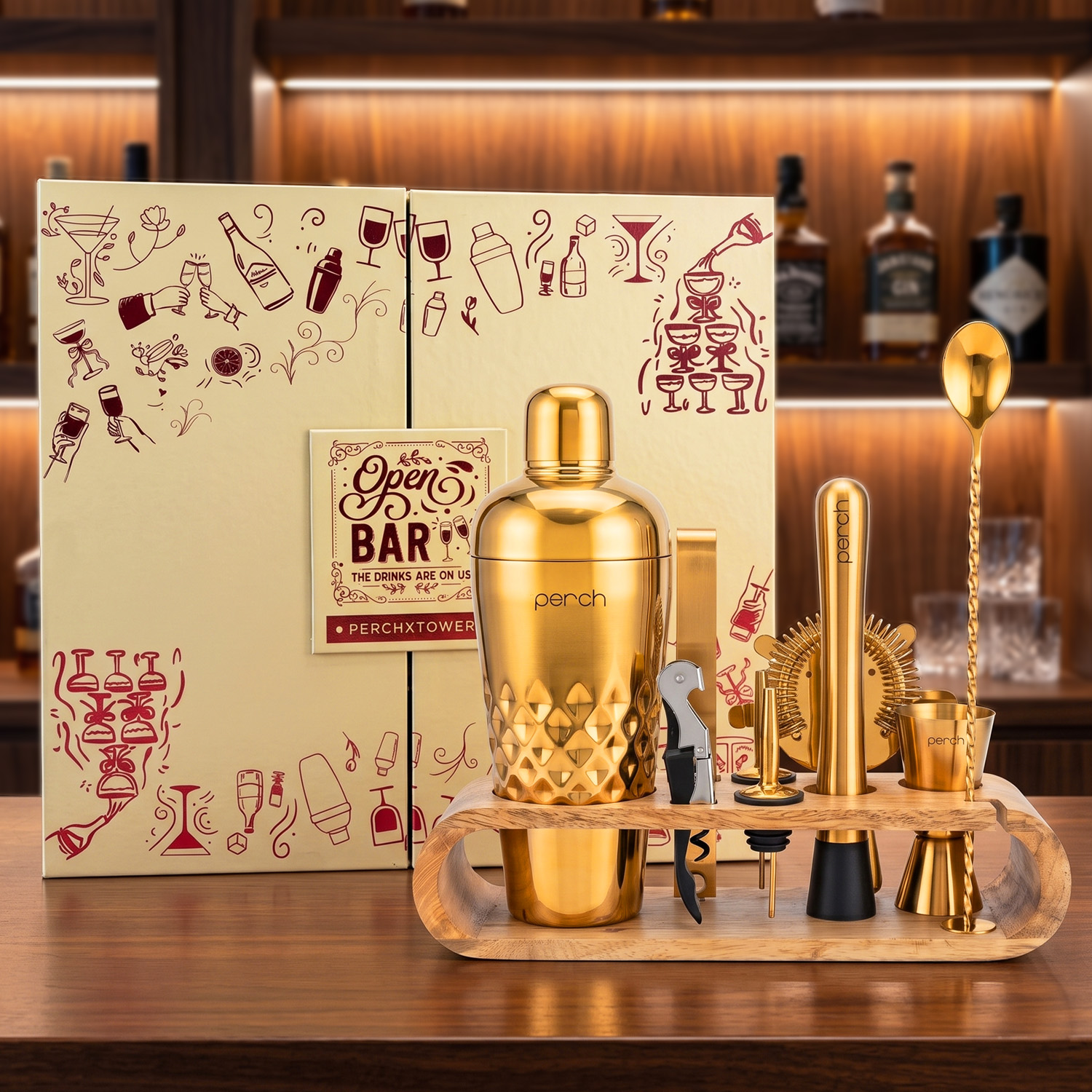 O' Holic 10-Piece Bartender Kit with Mango Wooden Stand | Belly Cocktail Shaker Gift Set | Golden