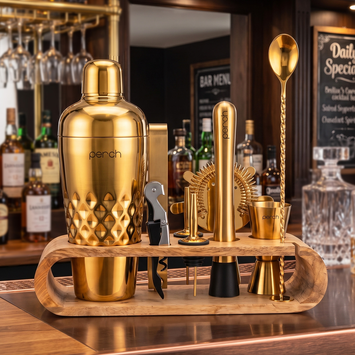 O' Holic 10-Piece Bartender Kit with Mango Wooden Stand | Belly Cocktail Shaker | Golden