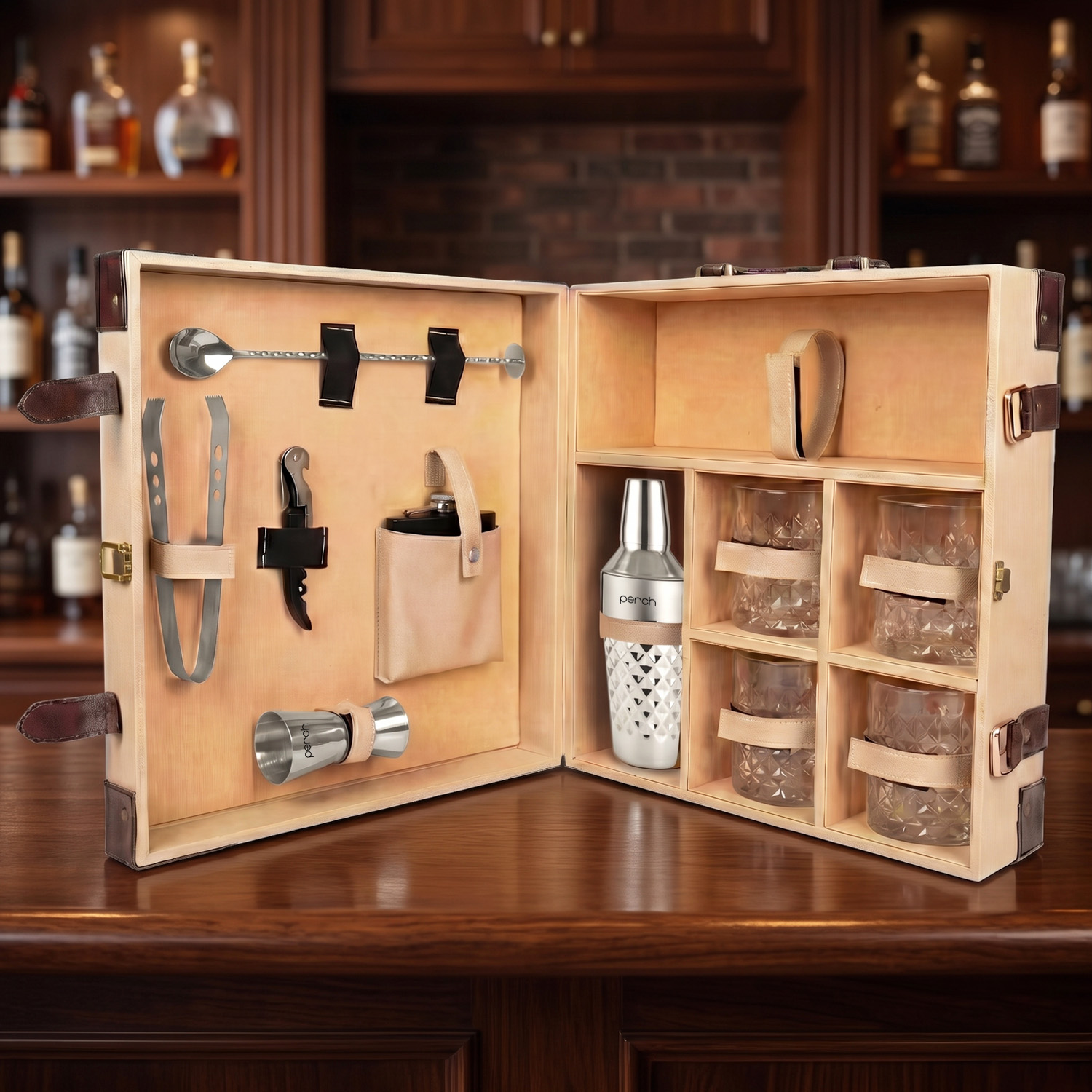 11-Piece Brown Leatherette Suitcase Bar Set with Diamond Cocktail Shaker & 4 Whisky Glasses – Silver