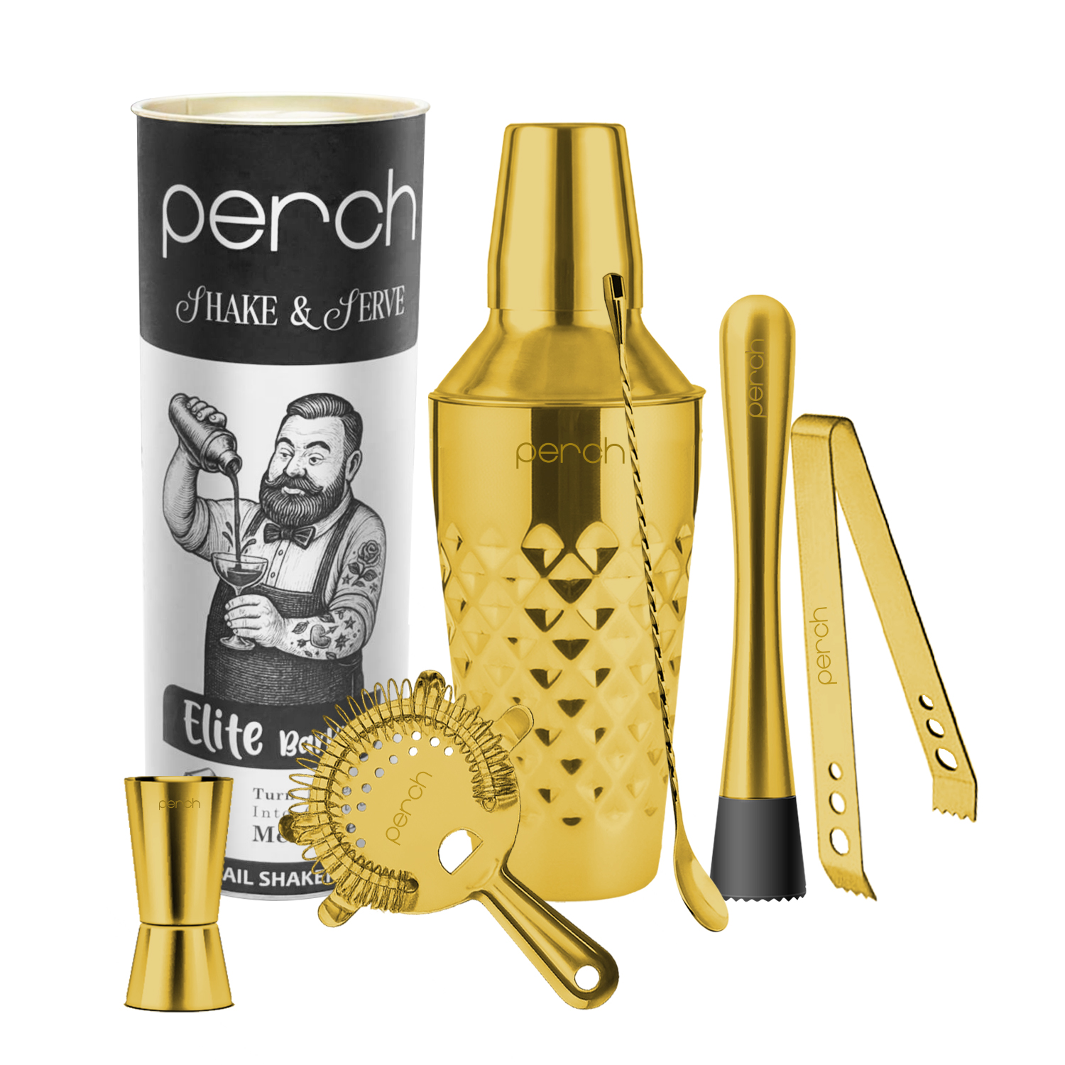 Elite 6-Piece Stainless Steel Bartender Kit | Diamond Cocktail Shaker Set with Bar Tools - Golden