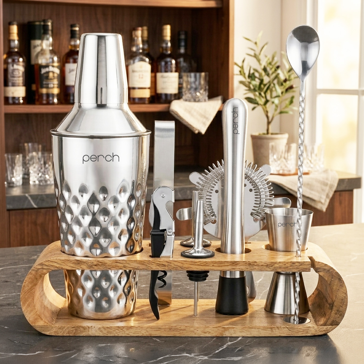 O' Holic Diamond Cocktail Shaker Set | 10-Piece Bartender Kit with Mango Wooden Stand | Silver