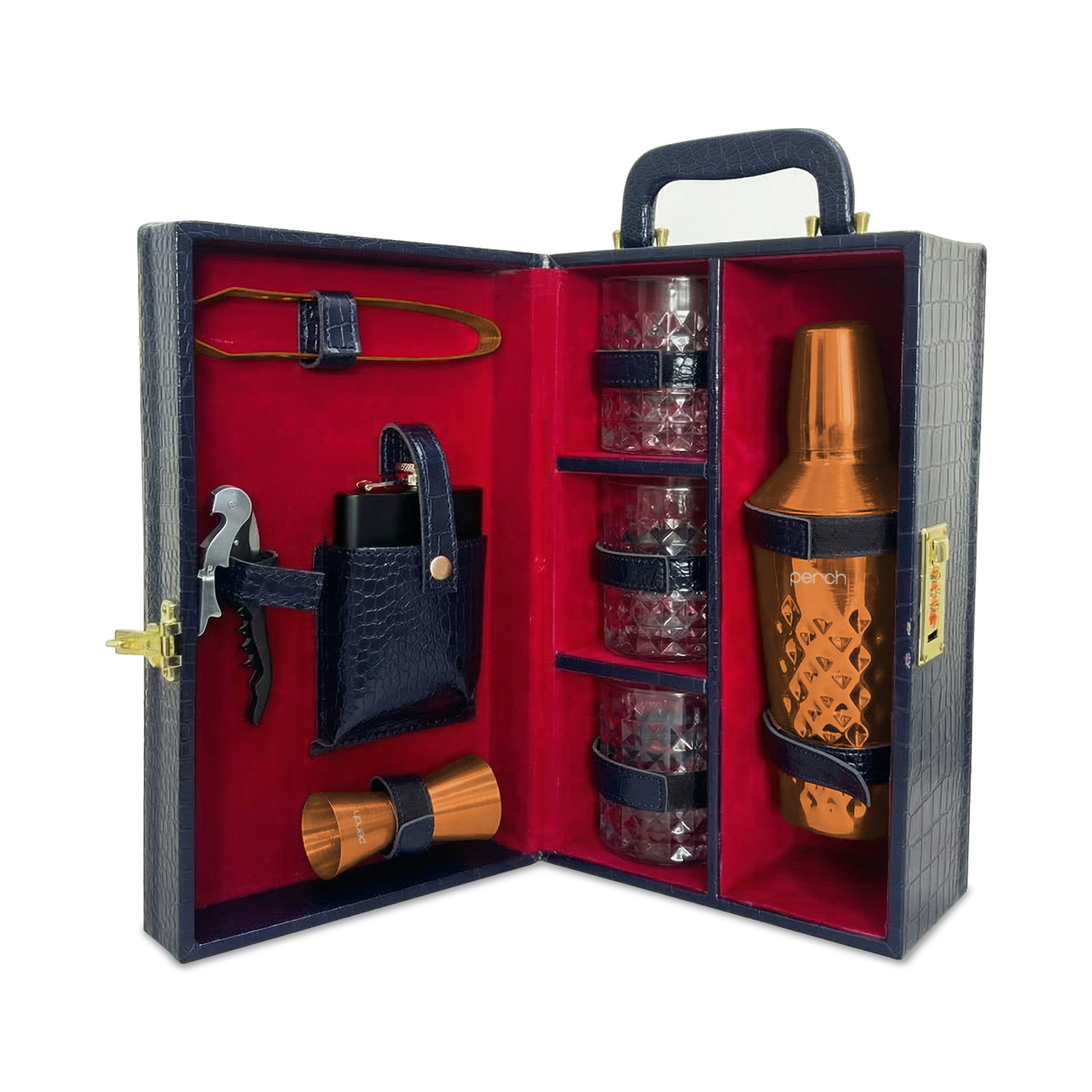 9-Piece Crocodile Print Leatherette Suitcase Bar Set with Cocktail Shaker & 3 Whisky Glasses – Rose Gold