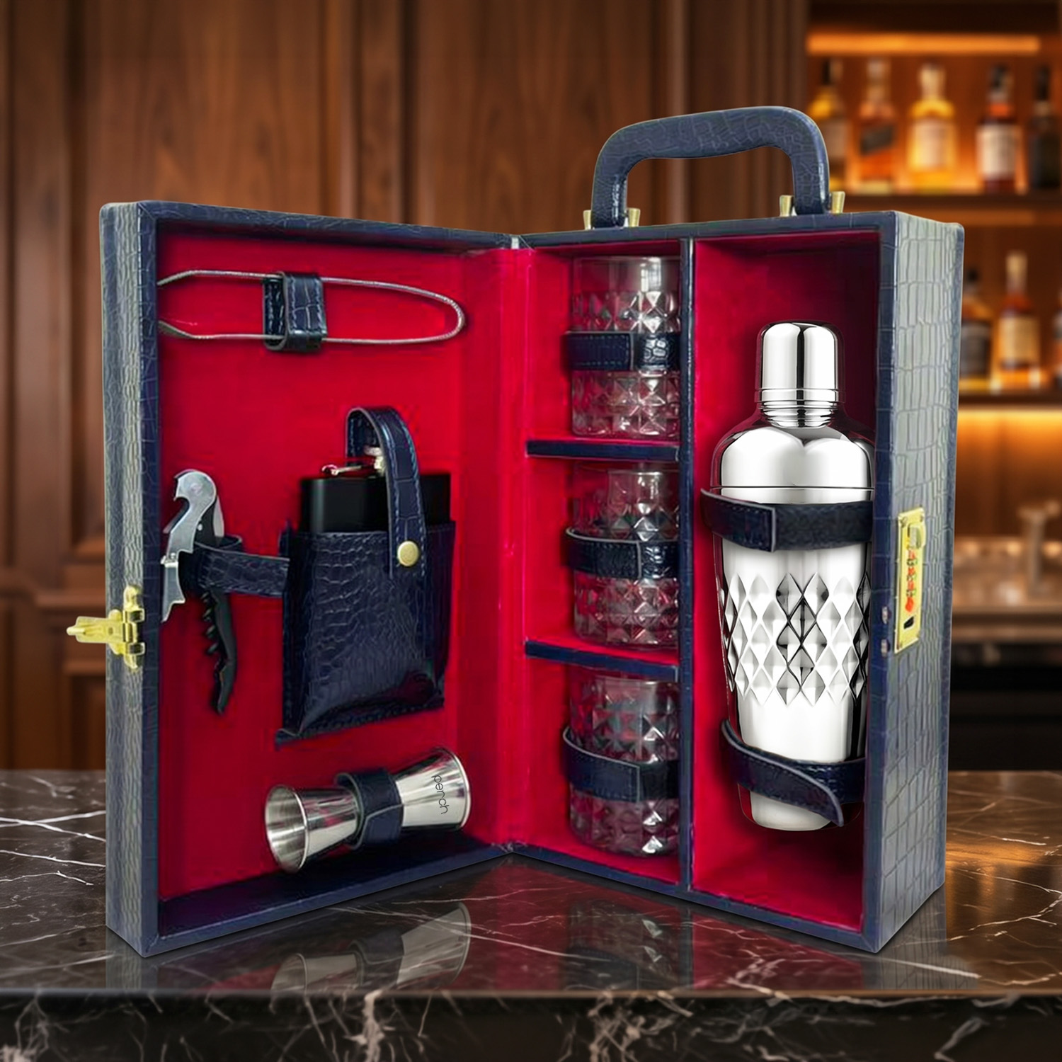 9-Piece Crocodile Print Leatherette Suitcase Bar Set with Cocktail Shaker & 3 Whisky Glasses – Silver