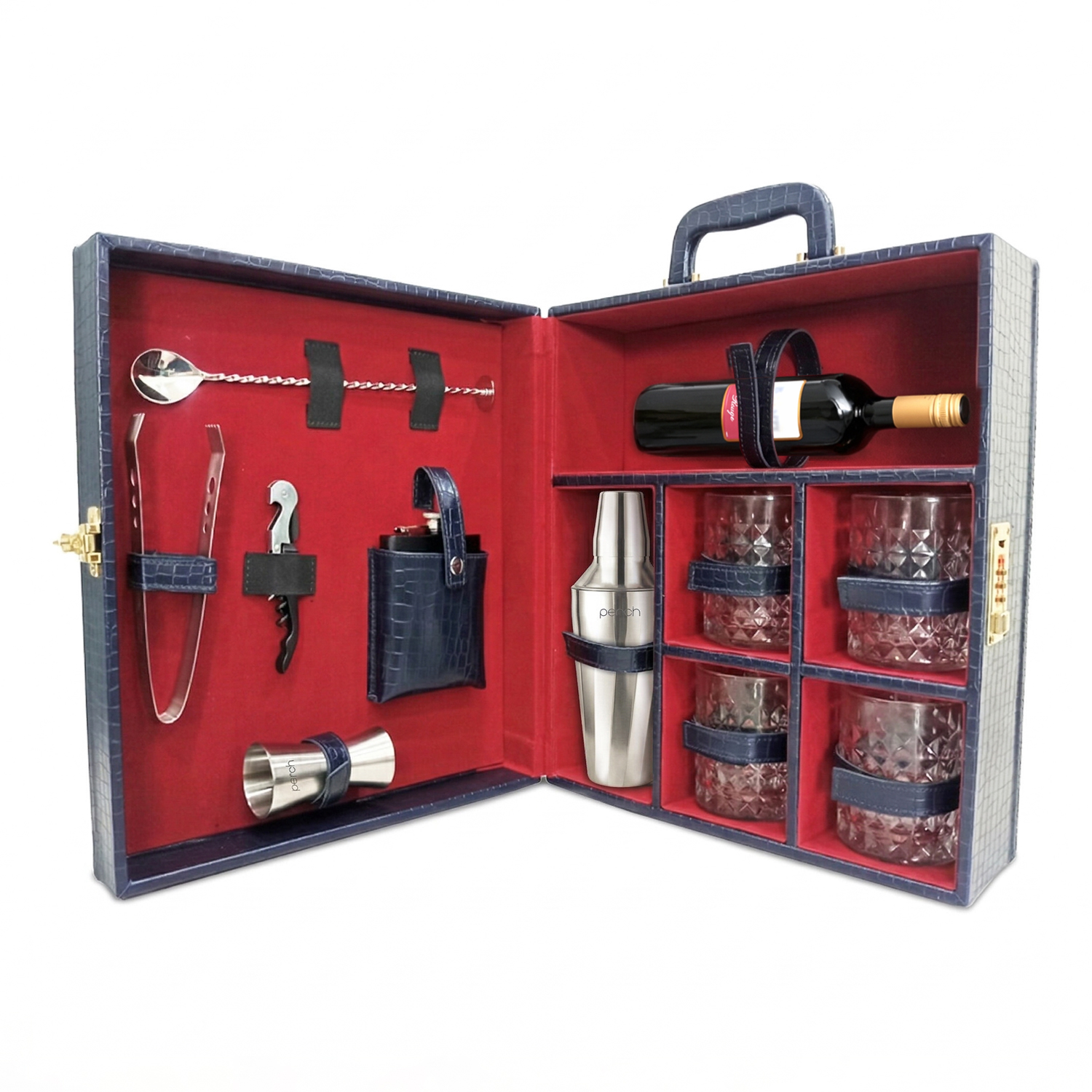 11-Piece Crocodile Print Leatherette Suitcase Bar Set with Twist Cocktail Shaker & 4 Whisky Glasses – Silver