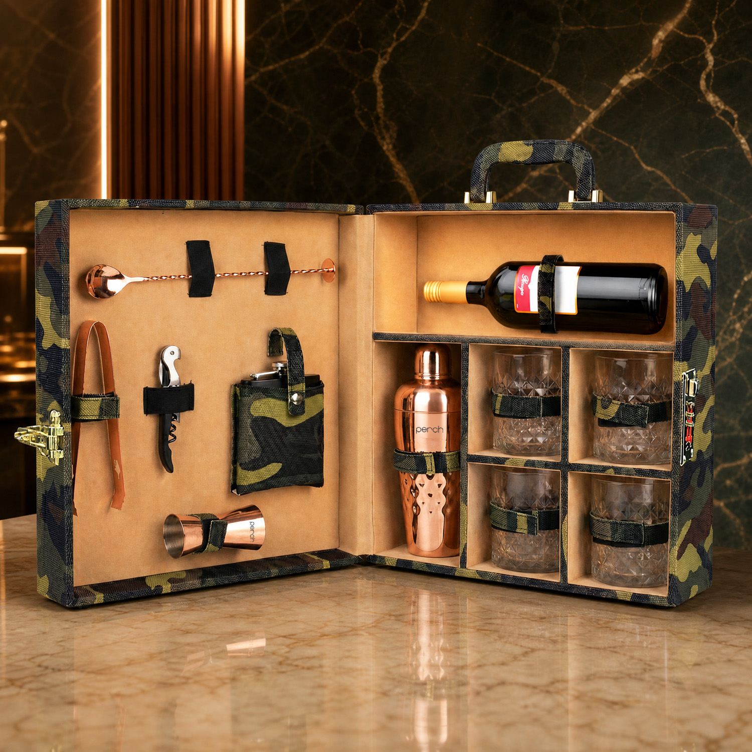 11-Piece Army Print Leatherette Suitcase Bar Set with Belly Cocktail Shaker & 4 Whisky Glasses – Rose Gold