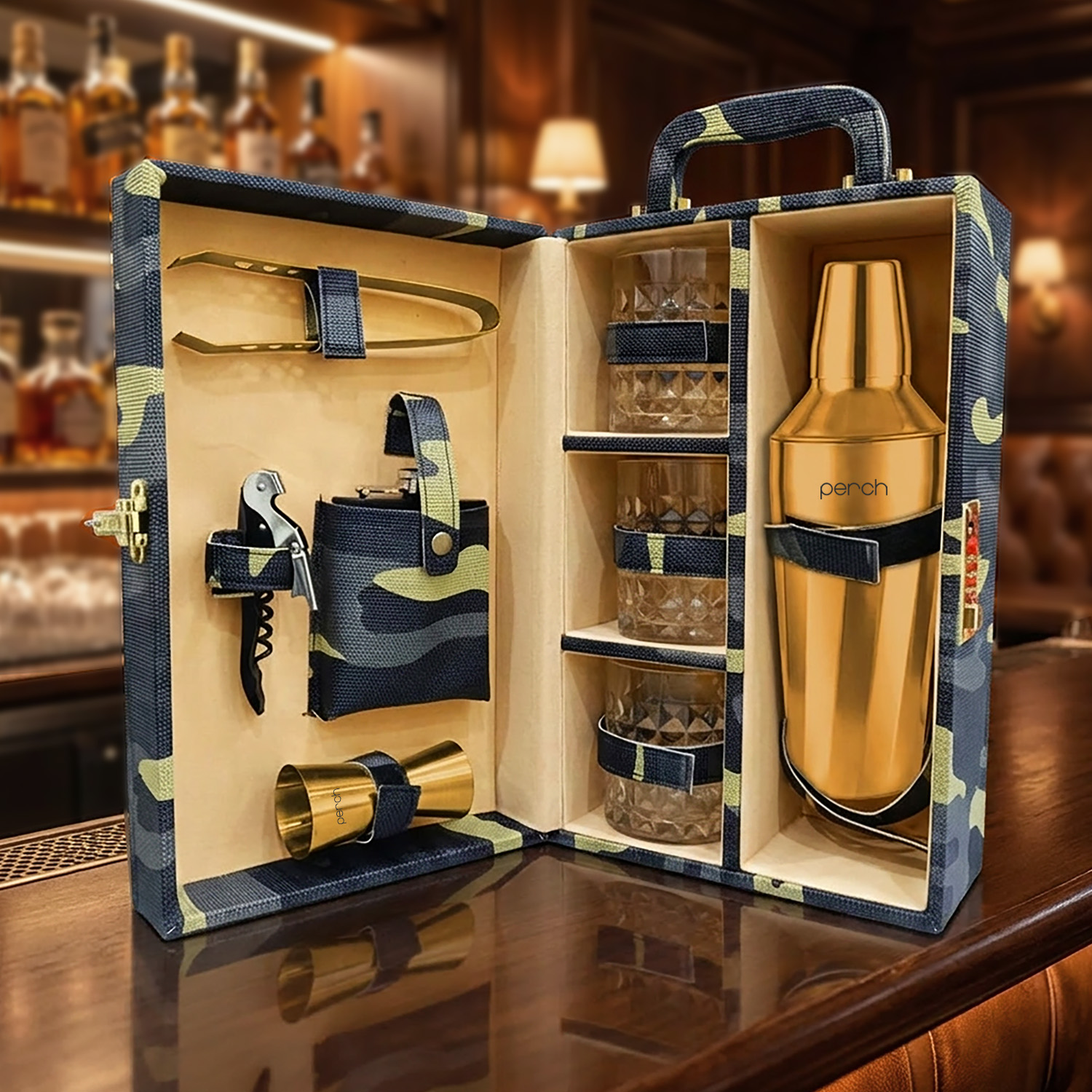 9-Piece Army Print Leatherette Suitcase Bar Set with Cocktail Shaker & 3 Whisky Glasses – Golden