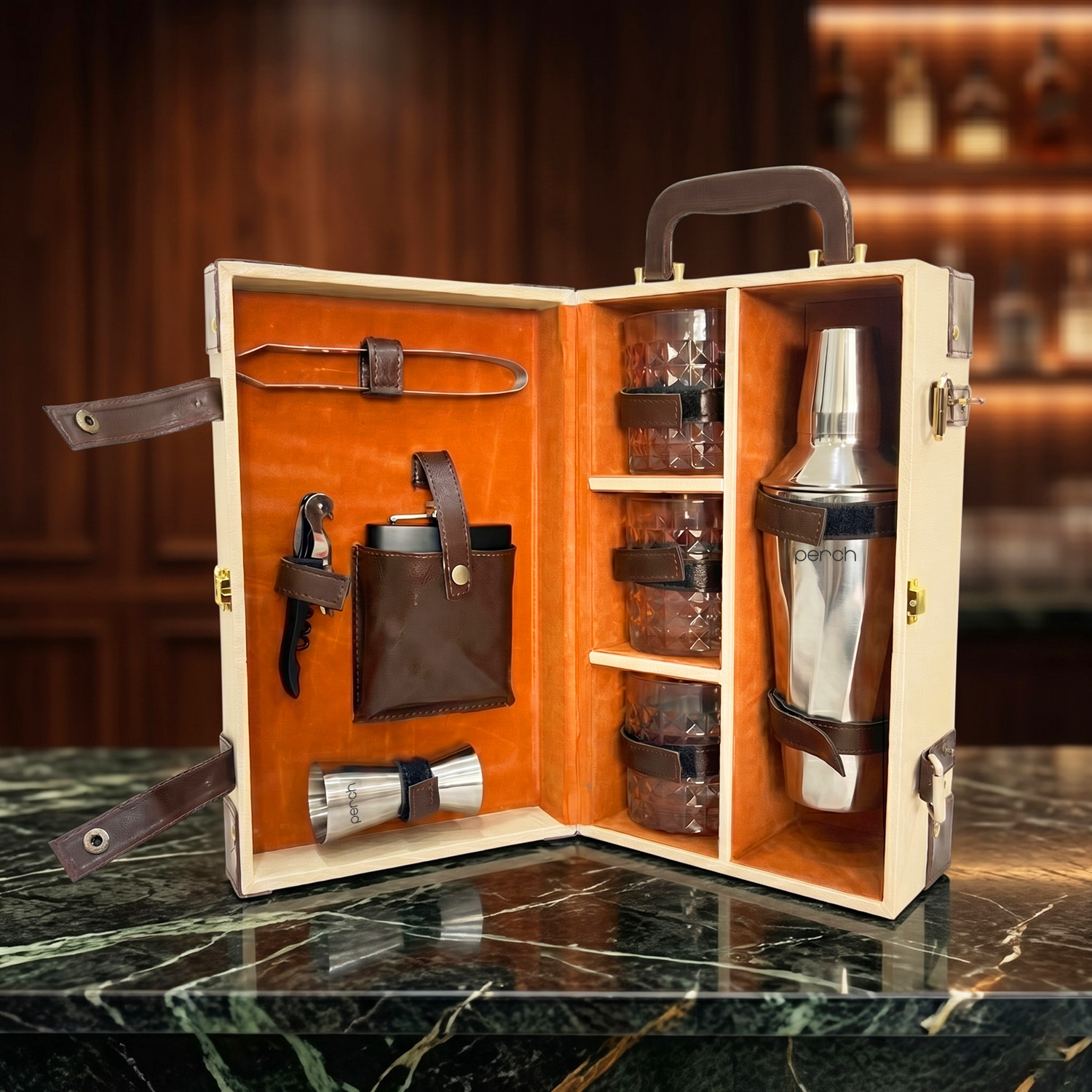 9-Piece Brown Leatherette Suitcase Bar Set with Cocktail Shaker & 3 Whisky Glasses – Silver