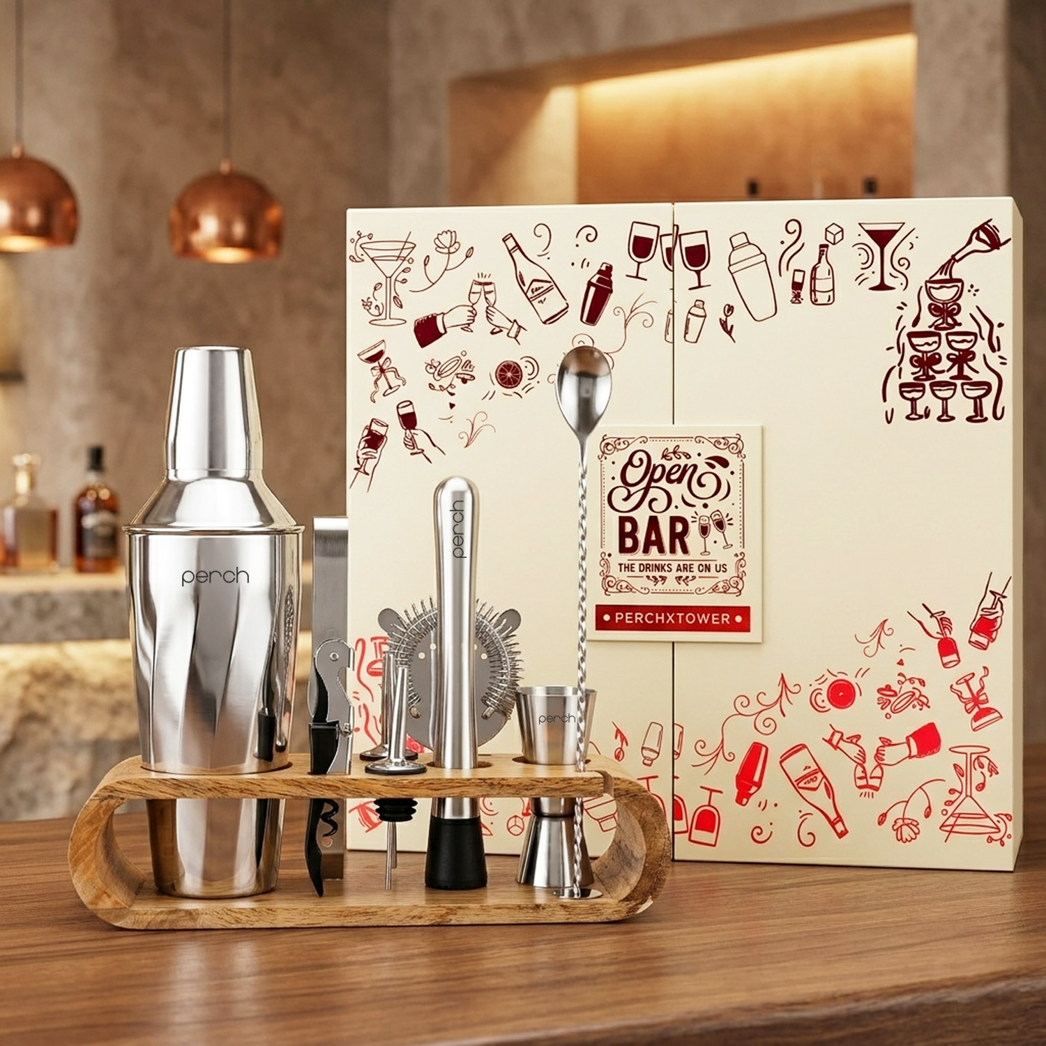 O' Holic Twist Cocktail Shaker Gift Set | 10-Piece Bartender Kit with Mango Wooden Stand | Silver