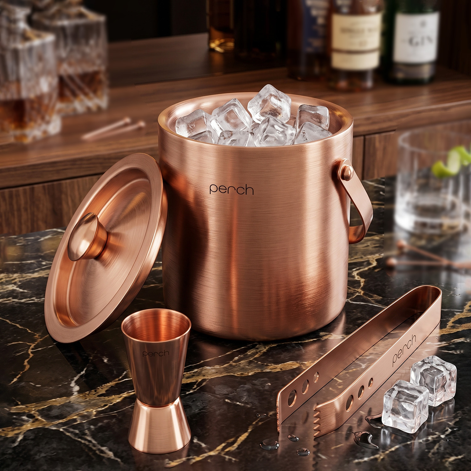 Rose Gold Stainless Steel Ice Bucket Set with Lid, Handle, Ice Tong & Jigger – 1.5L