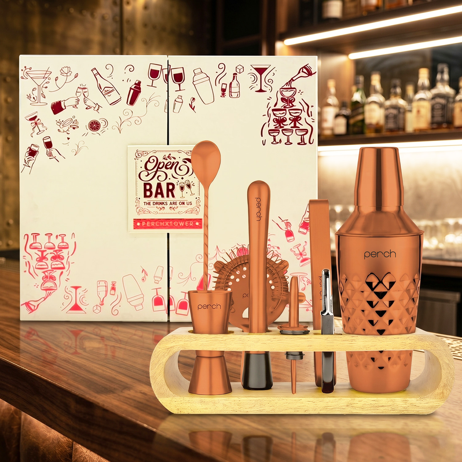O' Holic Diamond Cocktail Shaker Gift Set | 10-Piece Bartender Kit with Mango Wooden Stand | Rose Gold