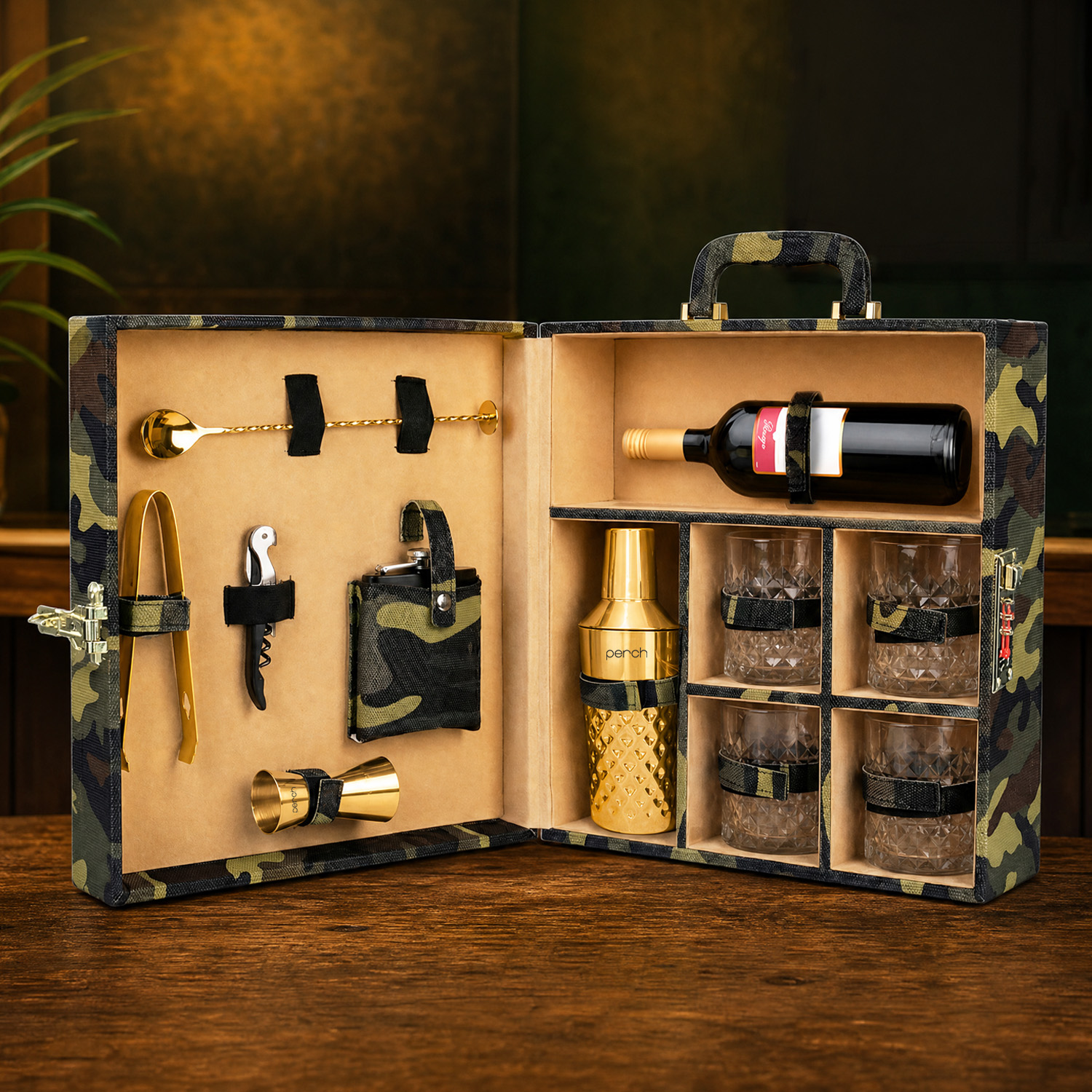 11-Piece Army Print Leatherette Suitcase Bar Set with Diamond Cocktail Shaker & 4 Whisky Glasses – Golden