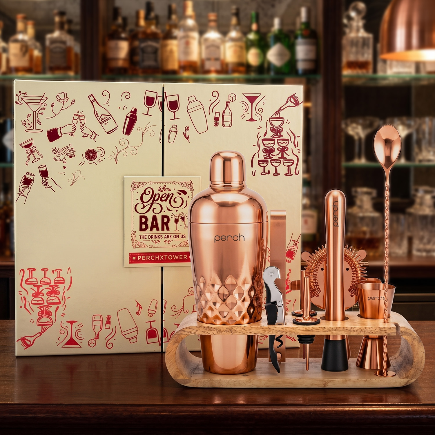 O' Holic 10-Piece Bartender Kit with Mango Wooden Stand | Belly Cocktail Shaker Gift Set | Rose Gold