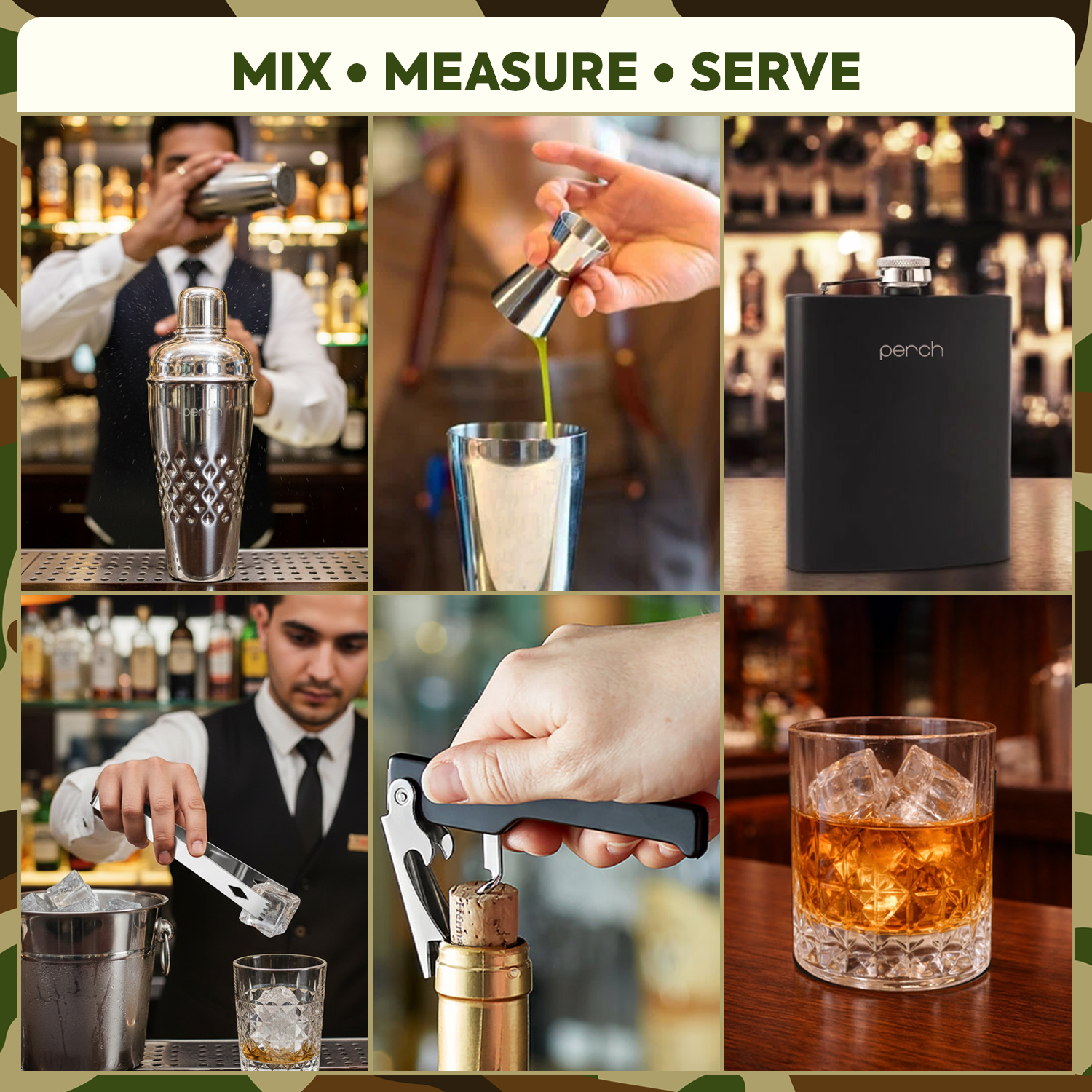 9-Piece Army Print Leatherette Suitcase Bar Set with Cocktail Shaker & 3 Whisky Glasses – Silver