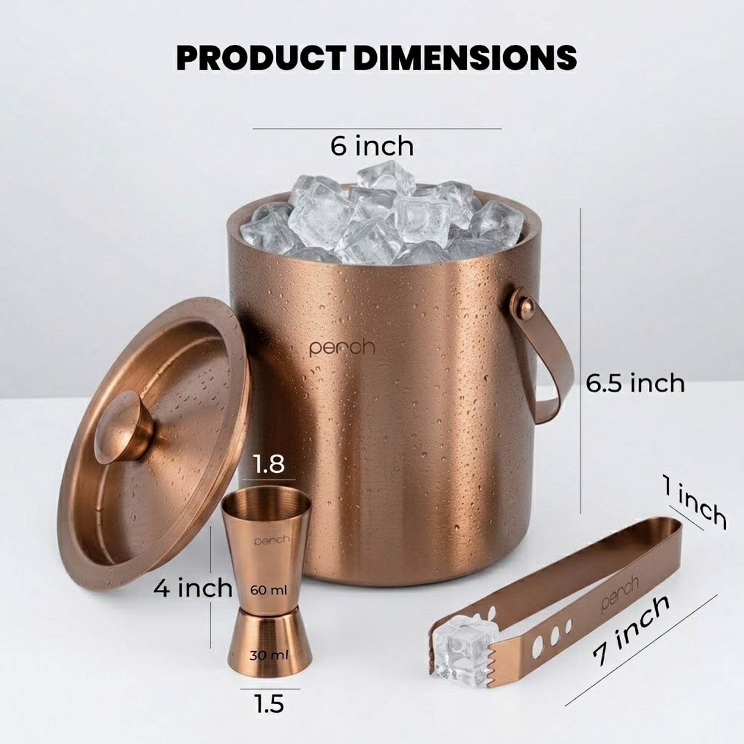 Rose Gold Stainless Steel Ice Bucket Set with Lid, Handle, Ice Tong & Jigger – 1.5L