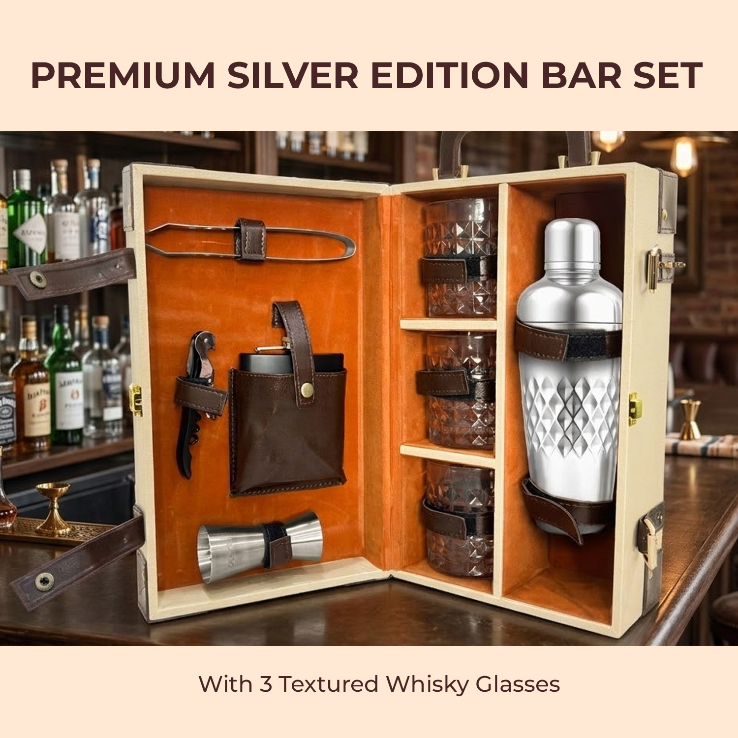 9-Piece Brown Leatherette Suitcase Bar Set with Cocktail Shaker & 3 Whisky Glasses – Silver