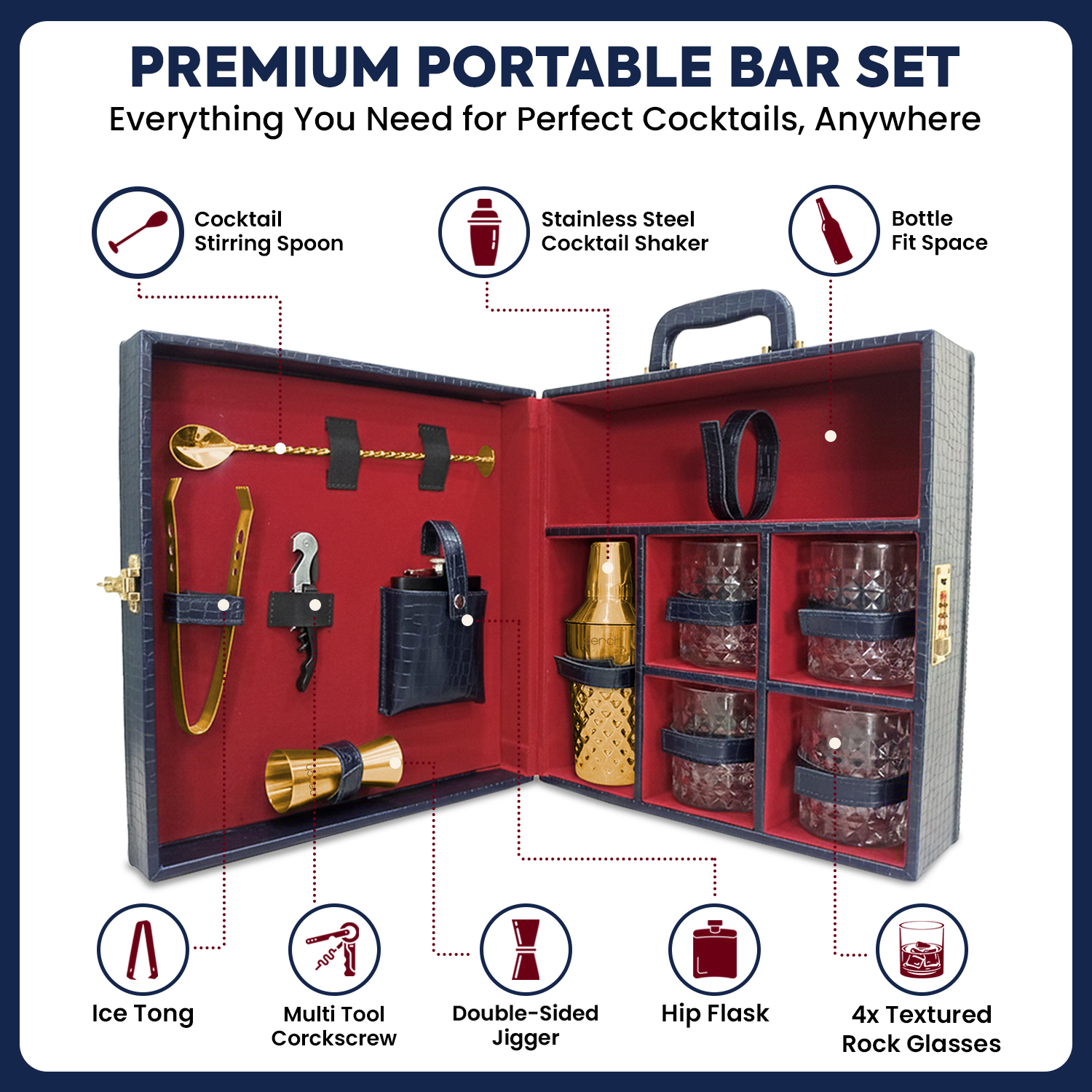 11-Piece Crocodile Print Leatherette Suitcase Bar Set with Diamond Cocktail Shaker & 4 Whisky Glasses – Golden