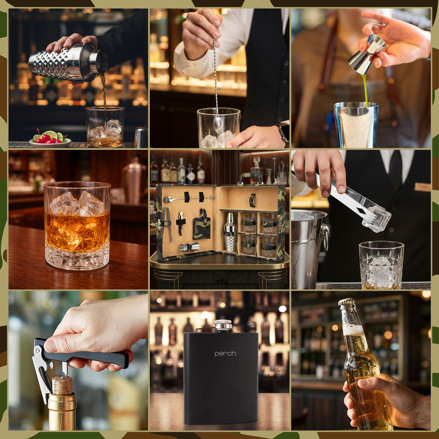 11-Piece Army Print Leatherette Suitcase Bar Set with Diamond Cocktail Shaker & 4 Whisky Glasses – Silver