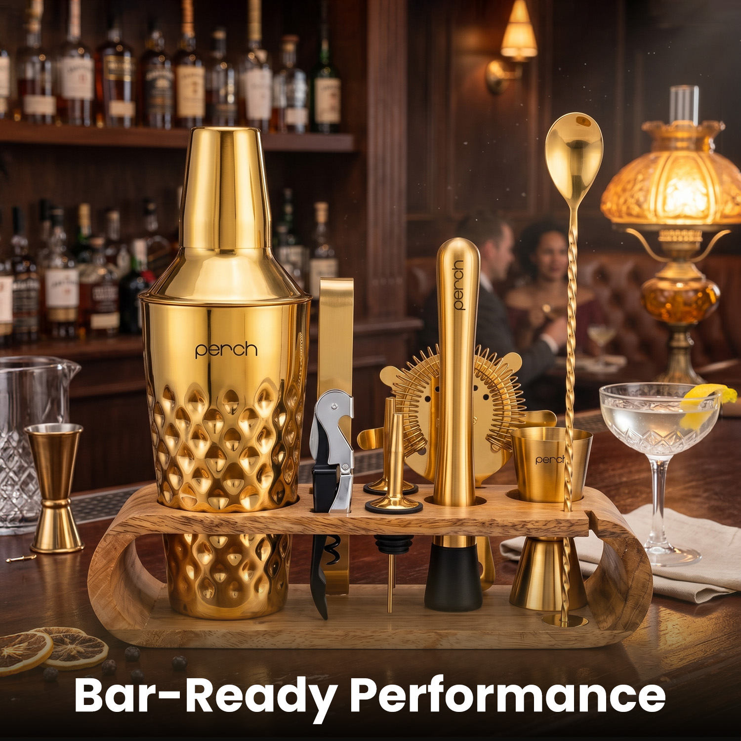 O' Holic 10-Piece Bartender Kit with Mango Wooden Stand | Diamond Cocktail Shaker | Golden