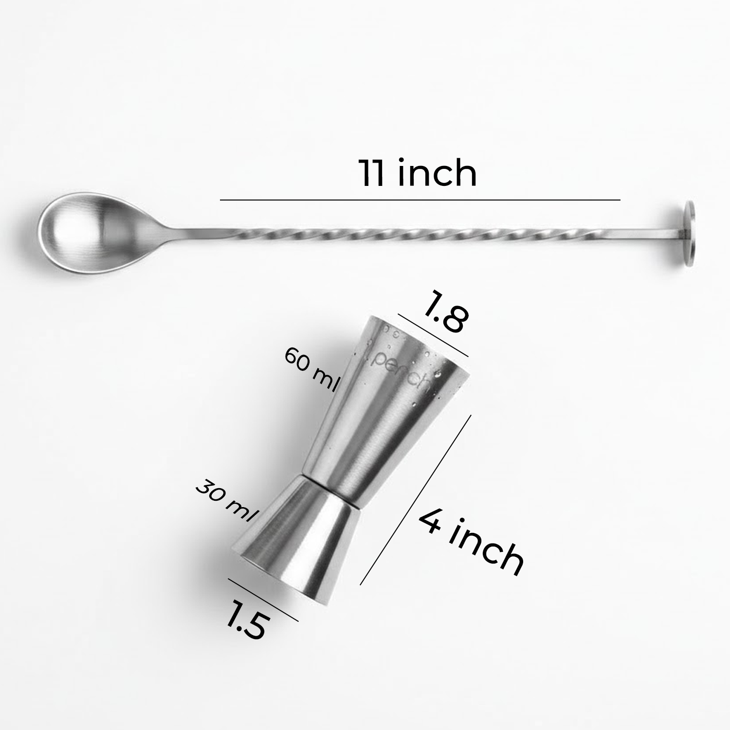 Bar Spoon & Jigger Set for Cocktails & Mocktails – Mixing Spoon and Double Sided Measuring Tool – Silver