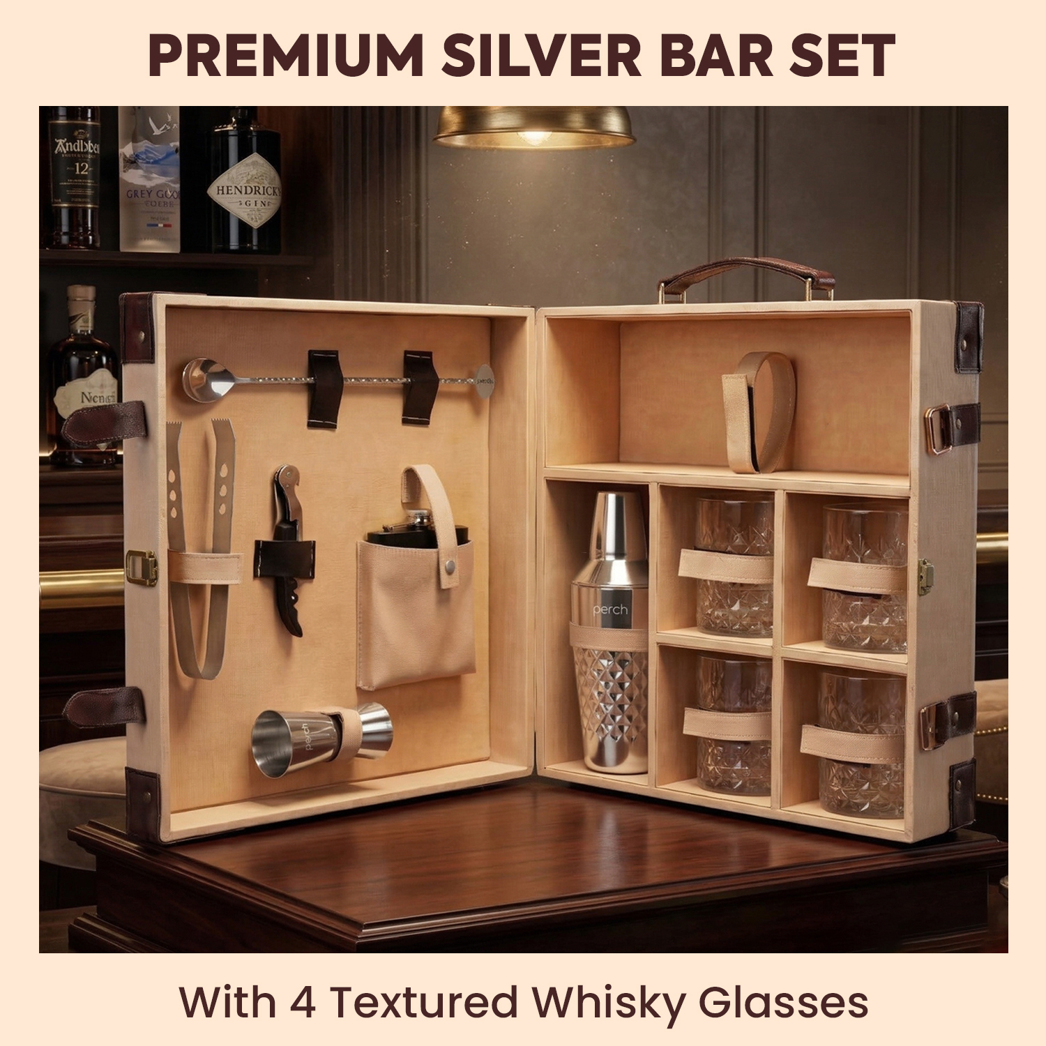 11-Piece Brown Leatherette Suitcase Bar Set with Diamond Cocktail Shaker & 4 Whisky Glasses – Silver