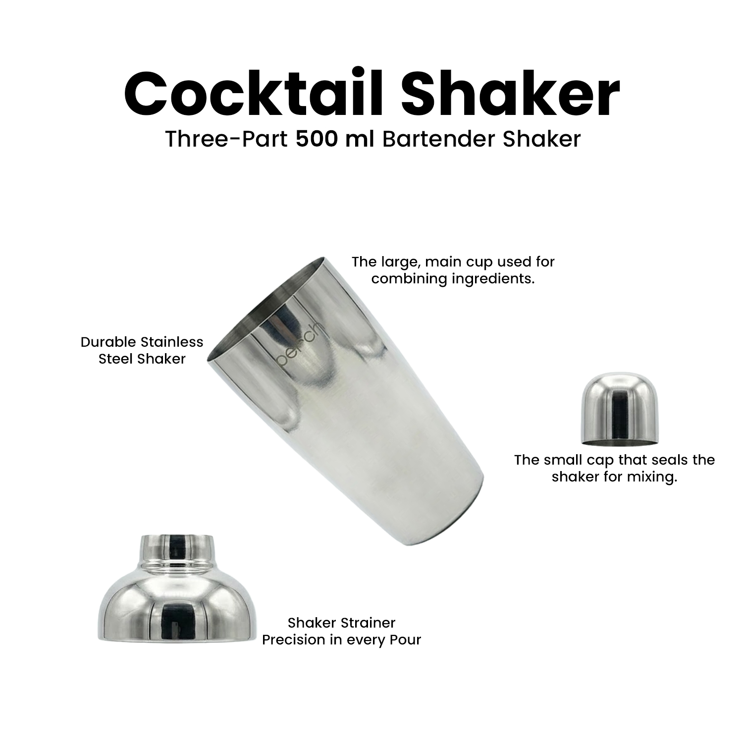 Cocktail Shaker for Cocktails & Mocktails – Stainless Steel Bar Shaker for Mixing Drinks – Silver
