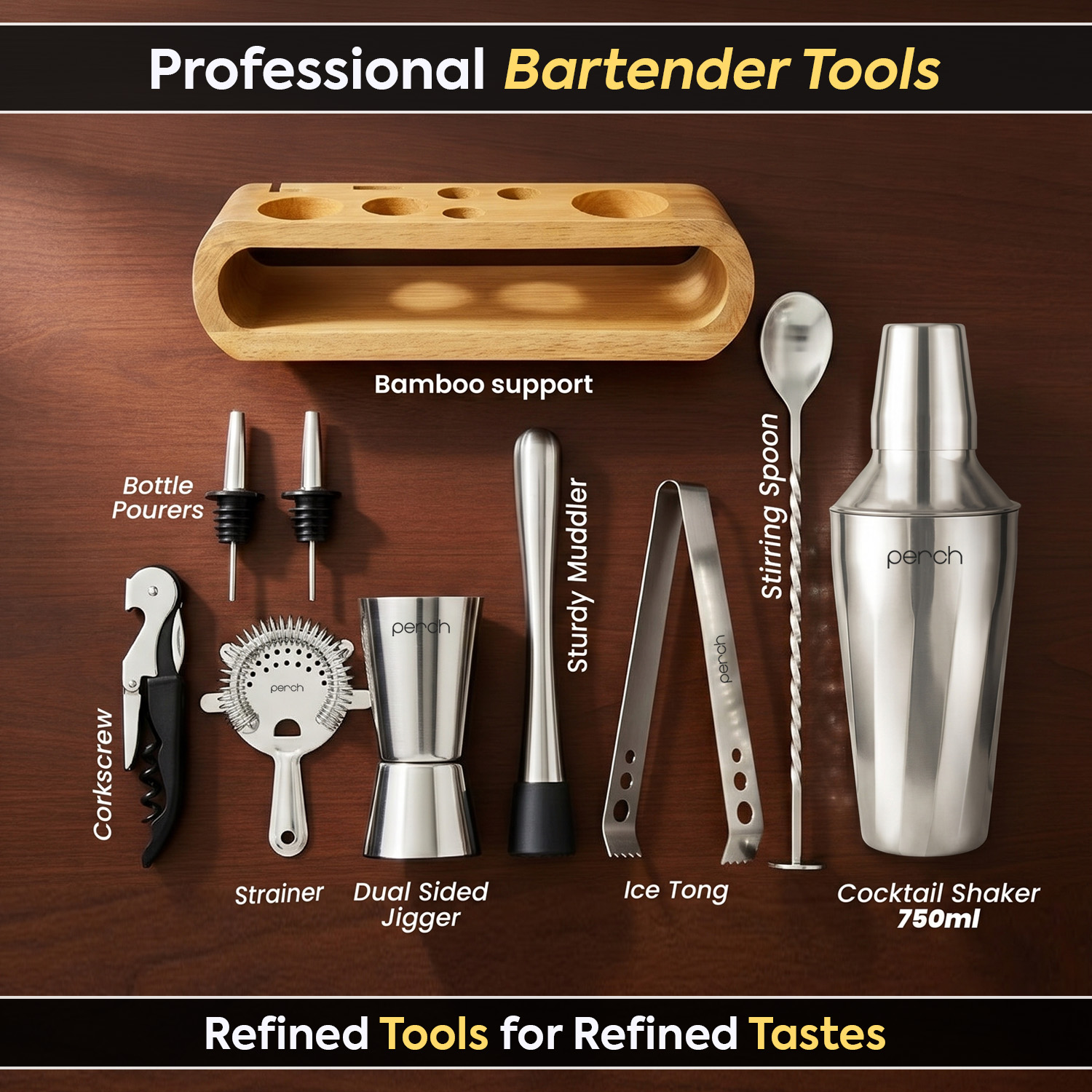 O' Holic 10-Piece Bartender Kit with Mango Wooden Stand | Twist Cocktail Shaker | Silver