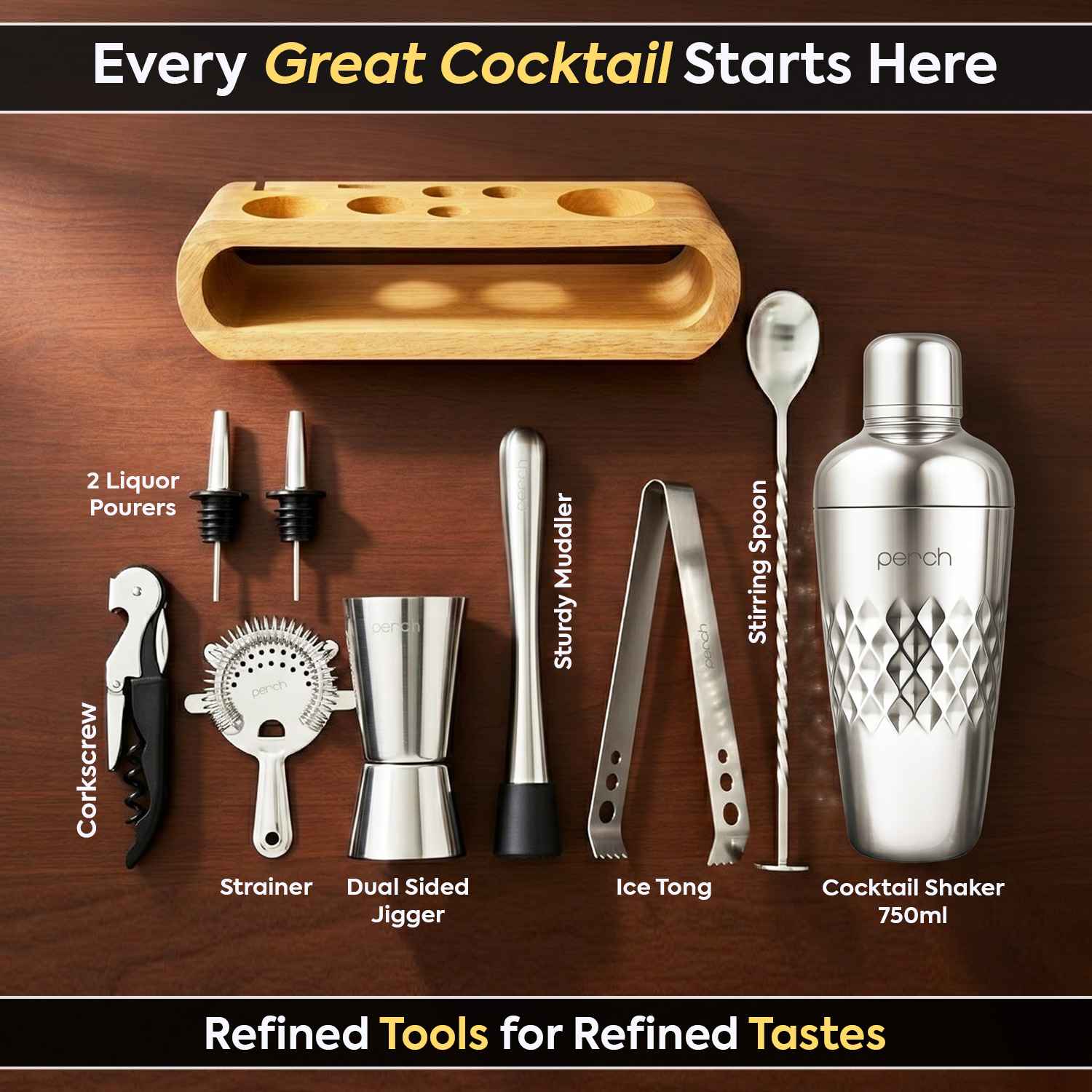 O' Holic 10-Piece Bartender Kit with Mango Wooden Stand | Belly Cocktail Shaker| Silver