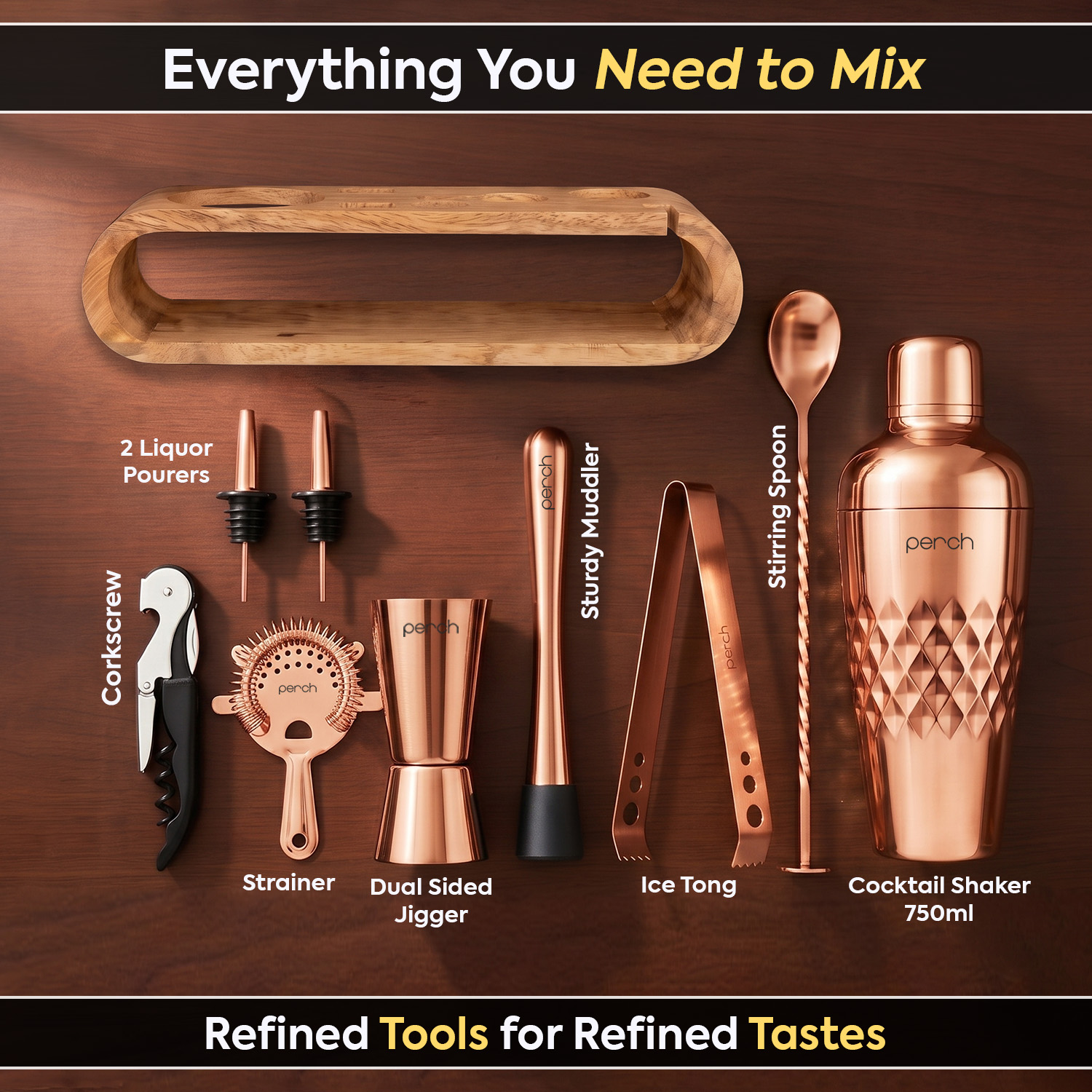 O' Holic 10-Piece Bartender Kit with Mango Wooden Stand | Belly Cocktail Shaker|Rose Gold