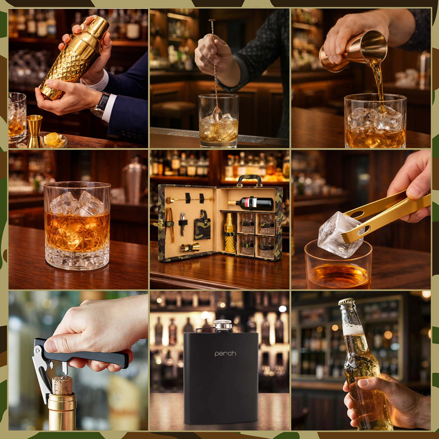 11-Piece Army Print Leatherette Suitcase Bar Set with Diamond Cocktail Shaker & 4 Whisky Glasses – Golden