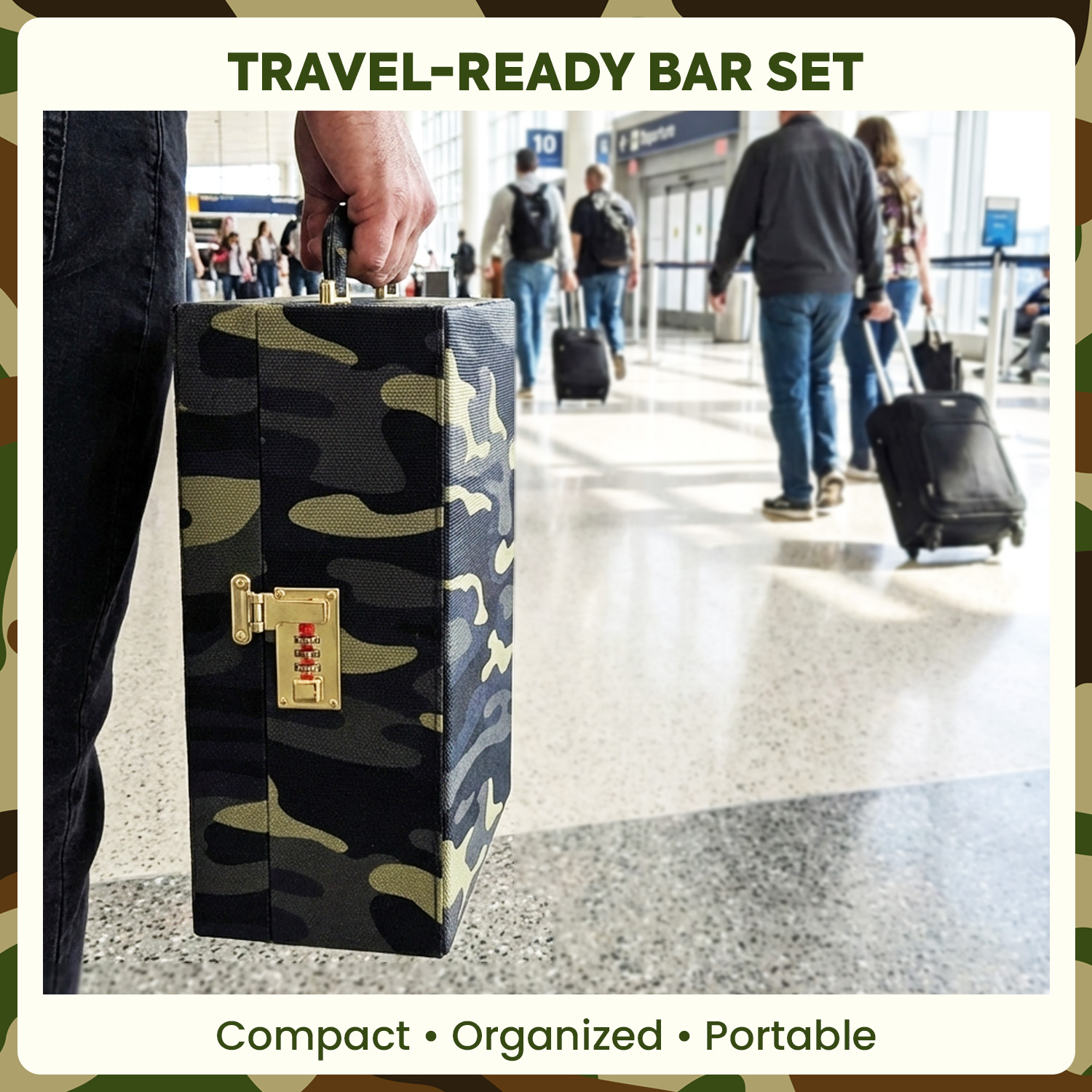 9-Piece Army Print Leatherette Suitcase Bar Set with Cocktail Shaker & 3 Whisky Glasses – Silver