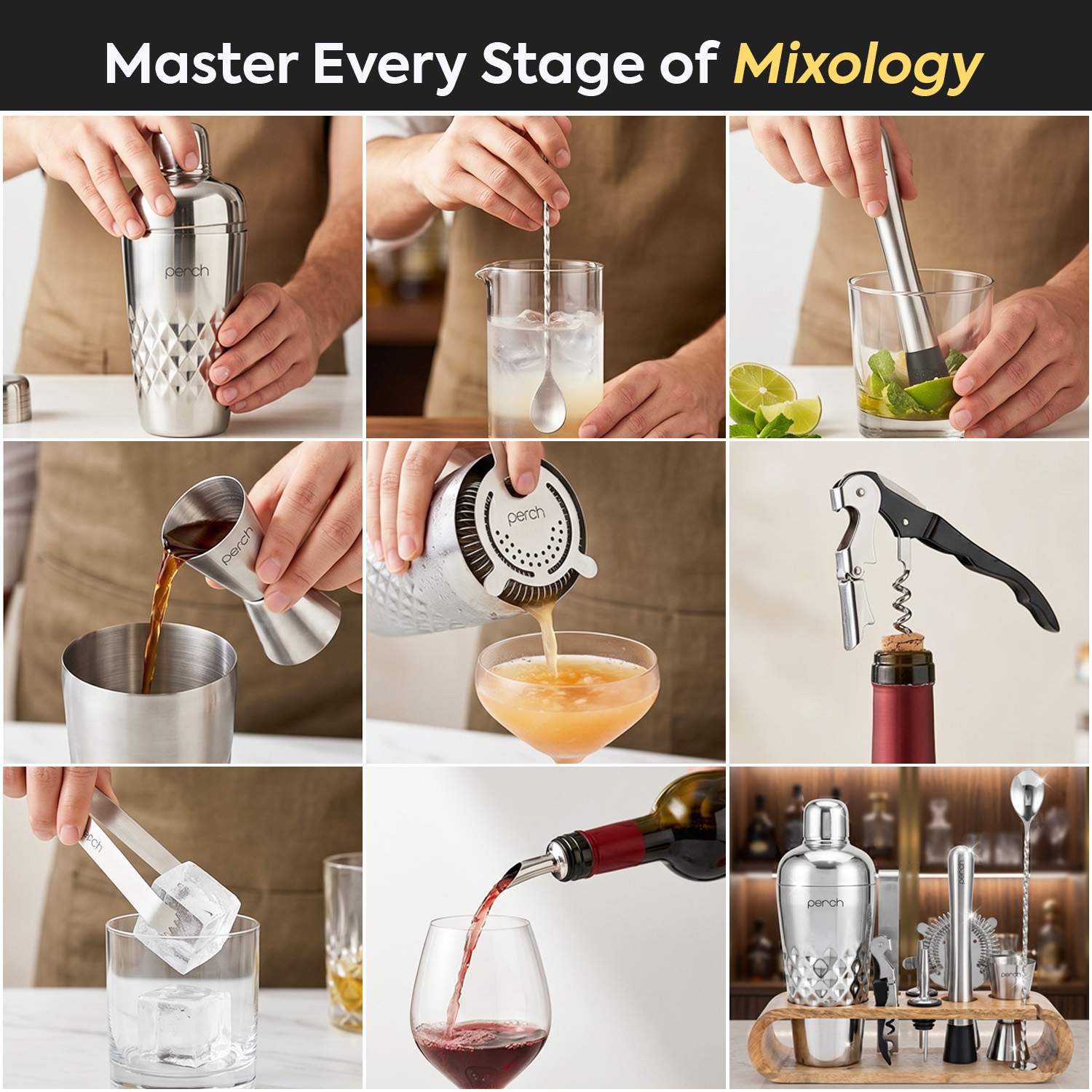O' Holic 10-Piece Bartender Kit with Mango Wooden Stand | Belly Cocktail Shaker Gift Set | Silver