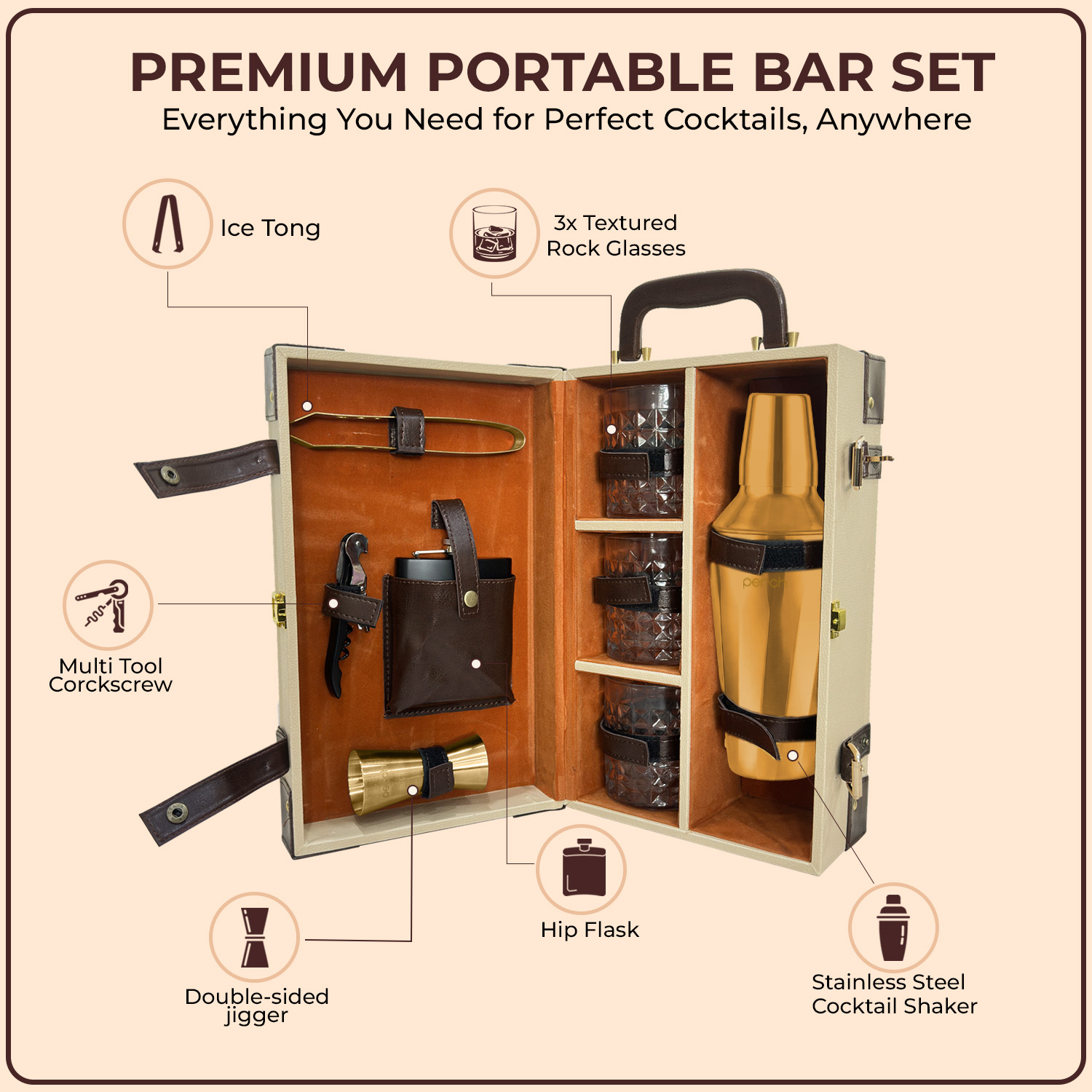 9-Piece Brown Leatherette Suitcase Bar Set with Cocktail Shaker & 3 Whisky Glasses – Golden