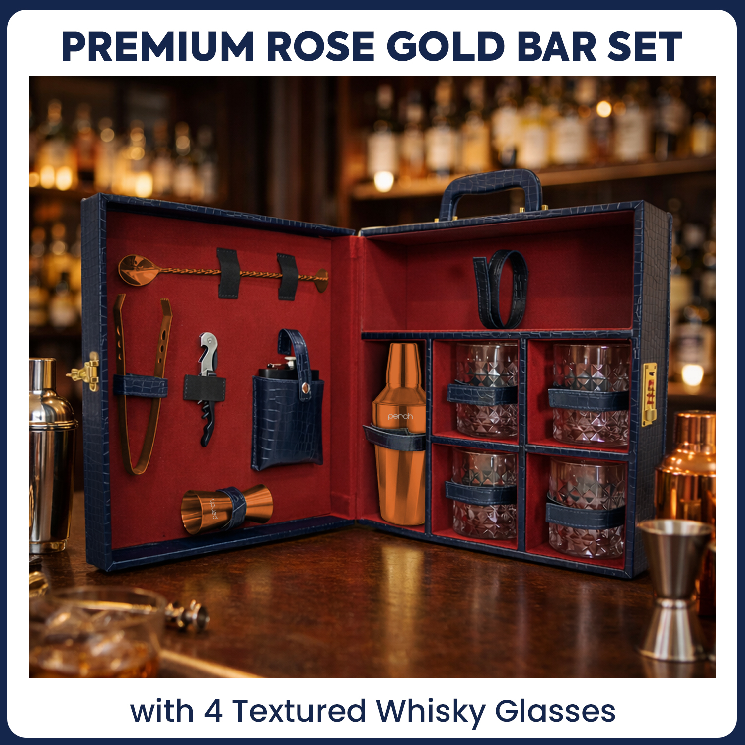 11-Piece Crocodile Print Leatherette Suitcase Bar Set with Twist Cocktail Shaker & 4 Whisky Glasses – Rose Gold